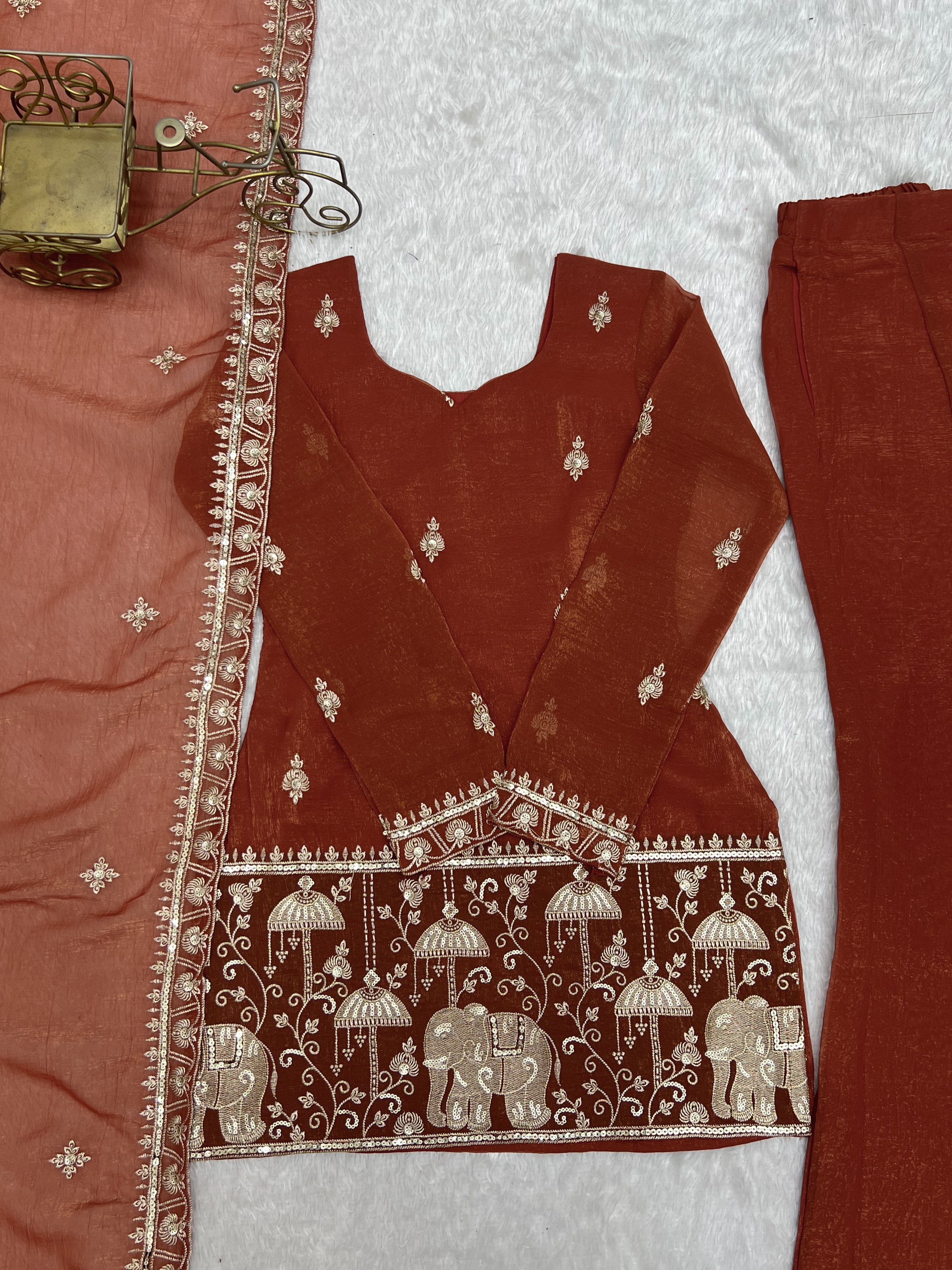 Premium Crunchy Silk Embroidered Sequence & Jari Work Top Kurta with Dupatta & Bell Bottom Pant Set