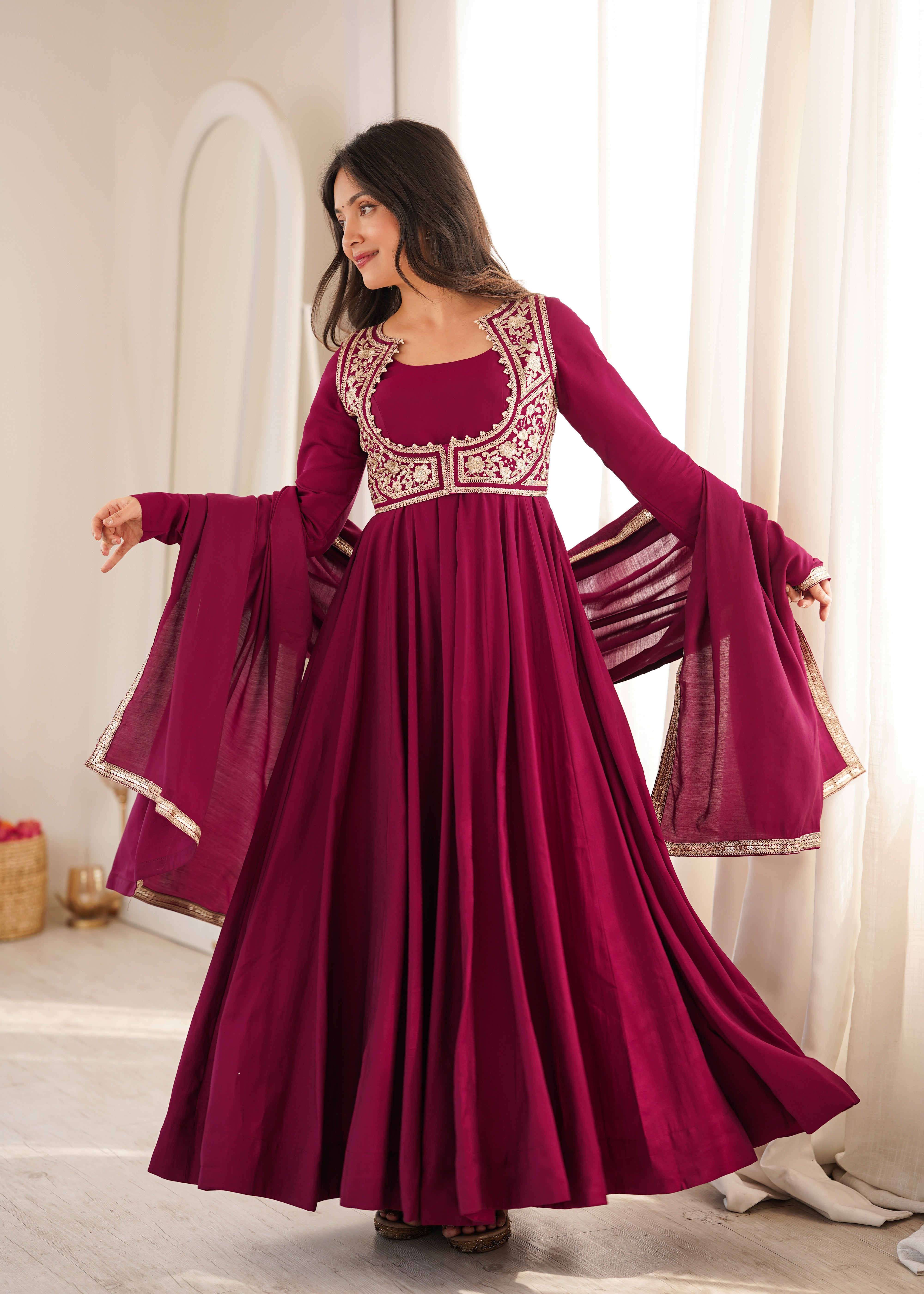 Premium Pure Romansilk Chanderi 16 Kali Flare Anarkali Gown