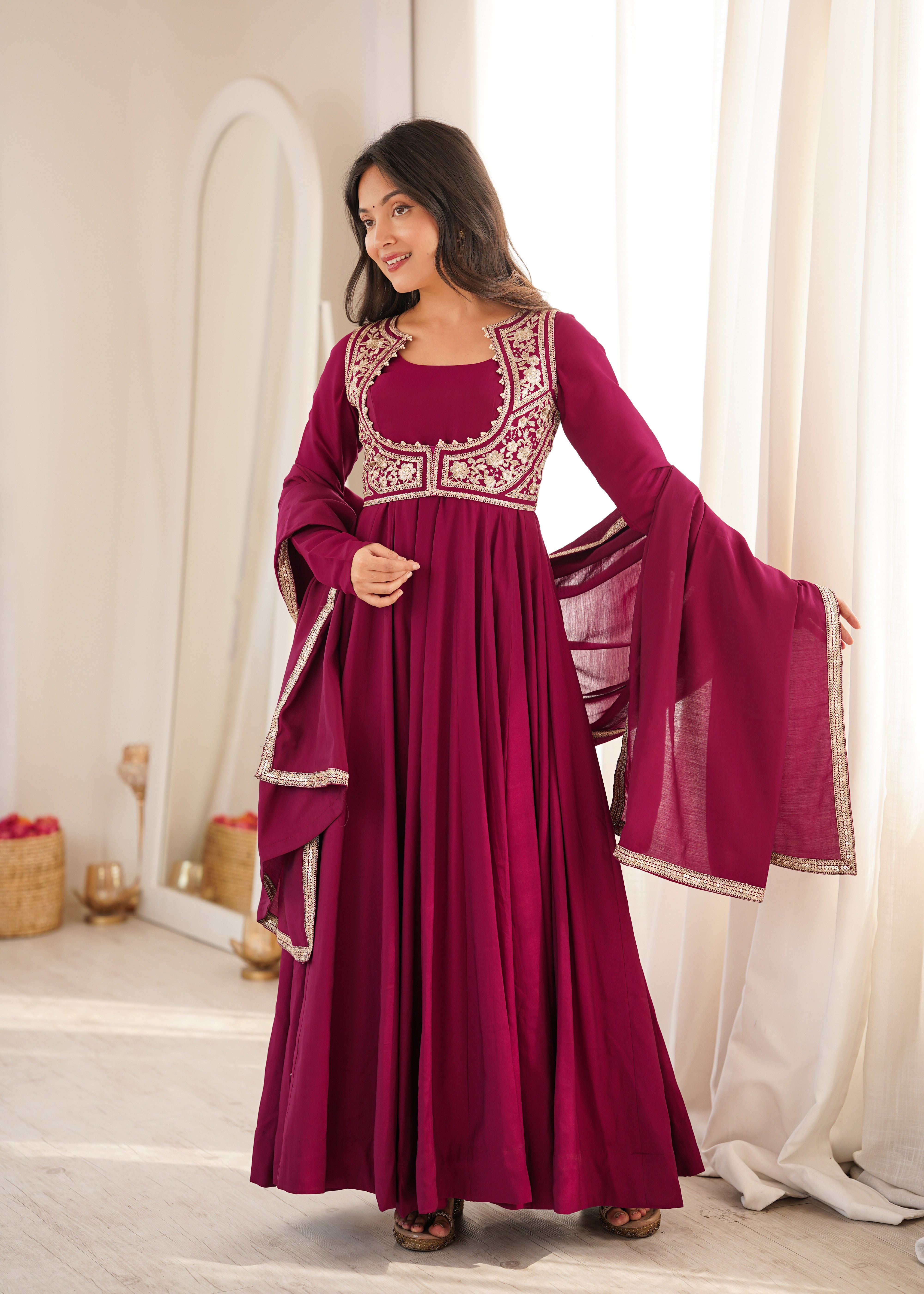 Premium Pure Romansilk Chanderi 16 Kali Flare Anarkali Gown