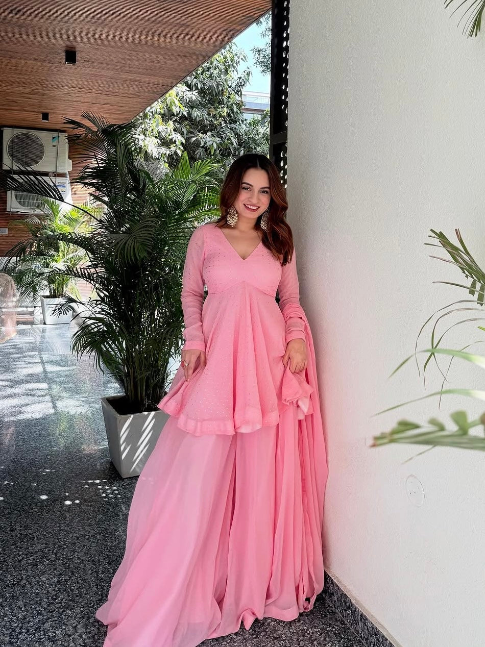 Elegant Baby Pink Foil Work Sharara Set with Dupatta – Festive & Party Wear