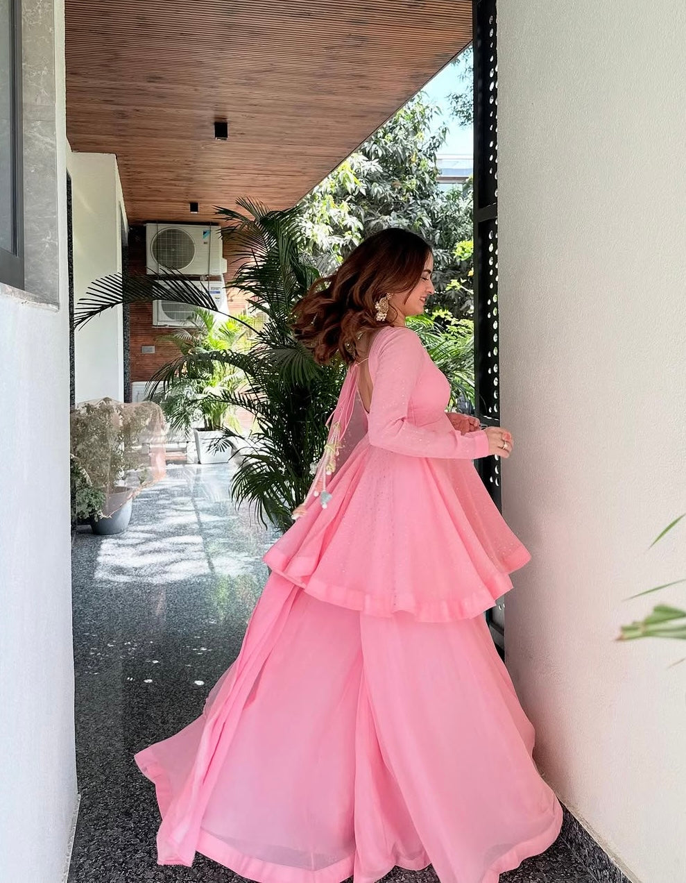 Elegant Baby Pink Foil Work Sharara Set with Dupatta – Festive & Party Wear