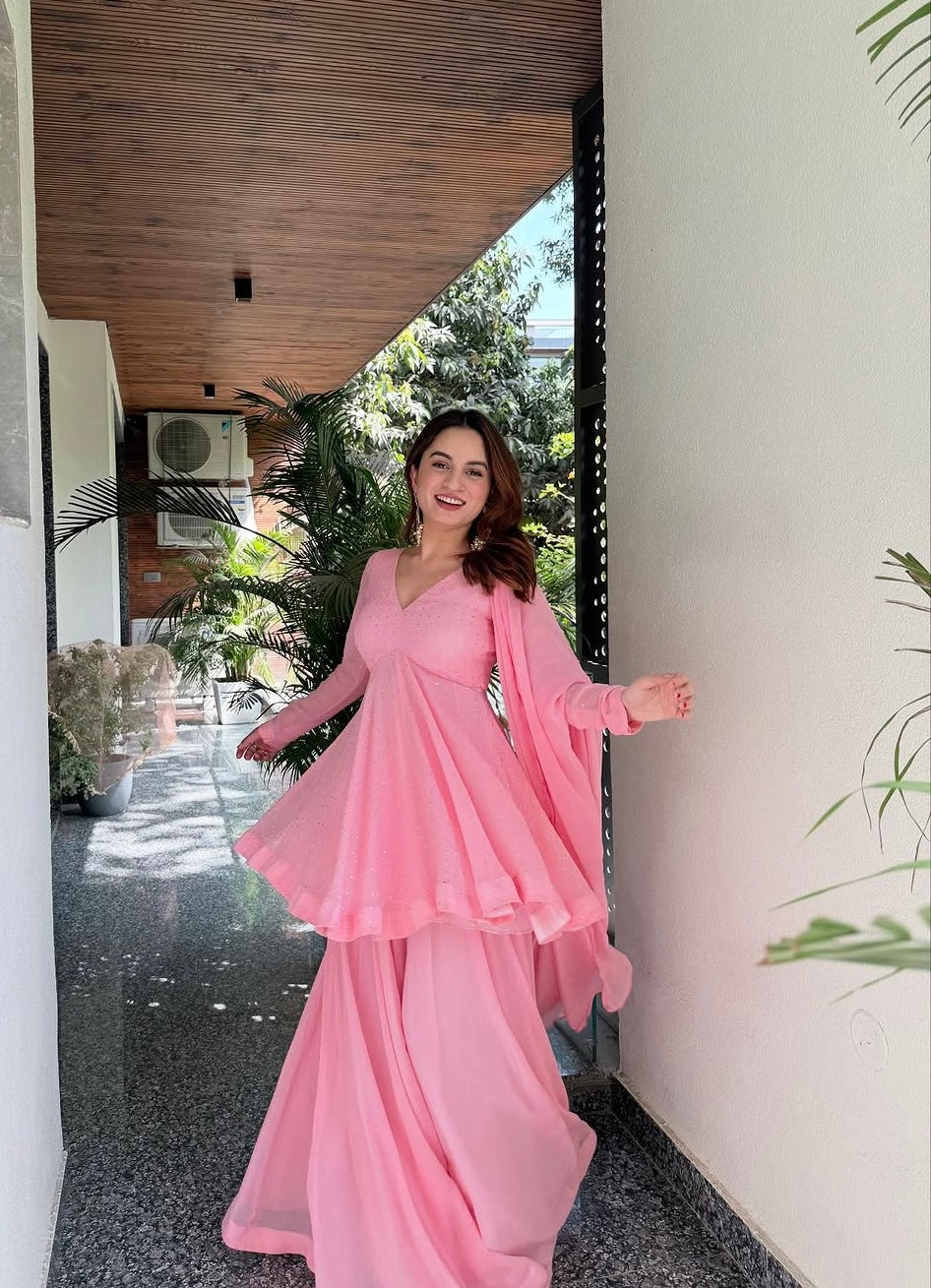 Elegant Baby Pink Foil Work Sharara Set with Dupatta – Festive & Party Wear