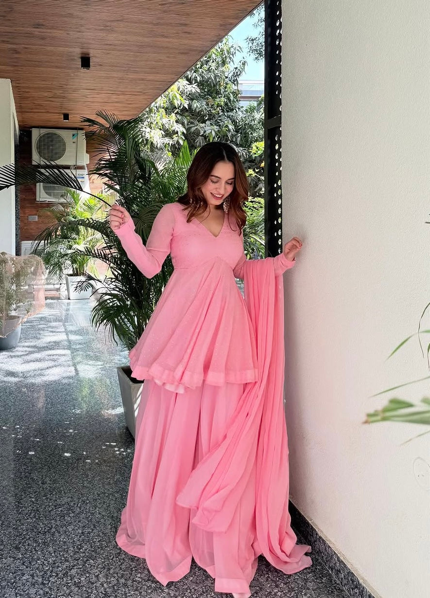 Elegant Baby Pink Foil Work Sharara Set with Dupatta – Festive & Party Wear