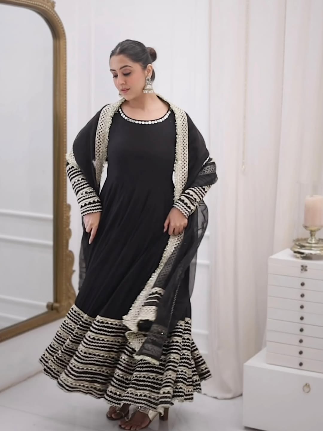 Black Rayon Embroidered Anarkali Suit Set with Pant & Dupatta (Kali Cut | 3 Piece Set)