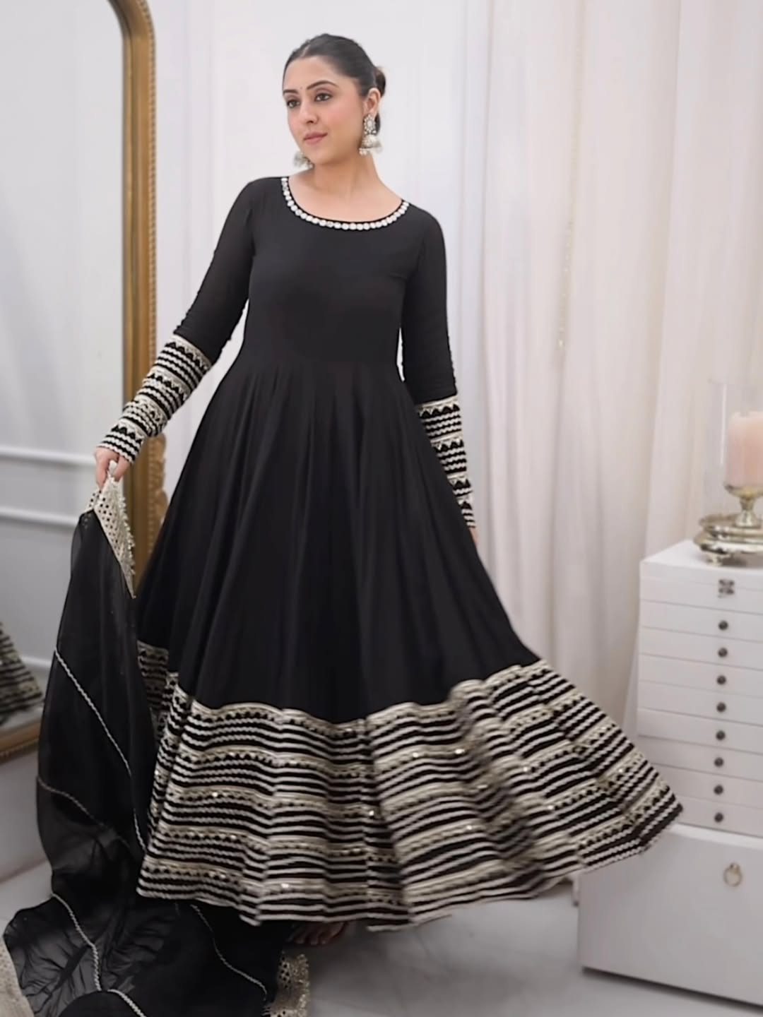 Black Rayon Embroidered Anarkali Suit Set with Pant & Dupatta (Kali Cut | 3 Piece Set)