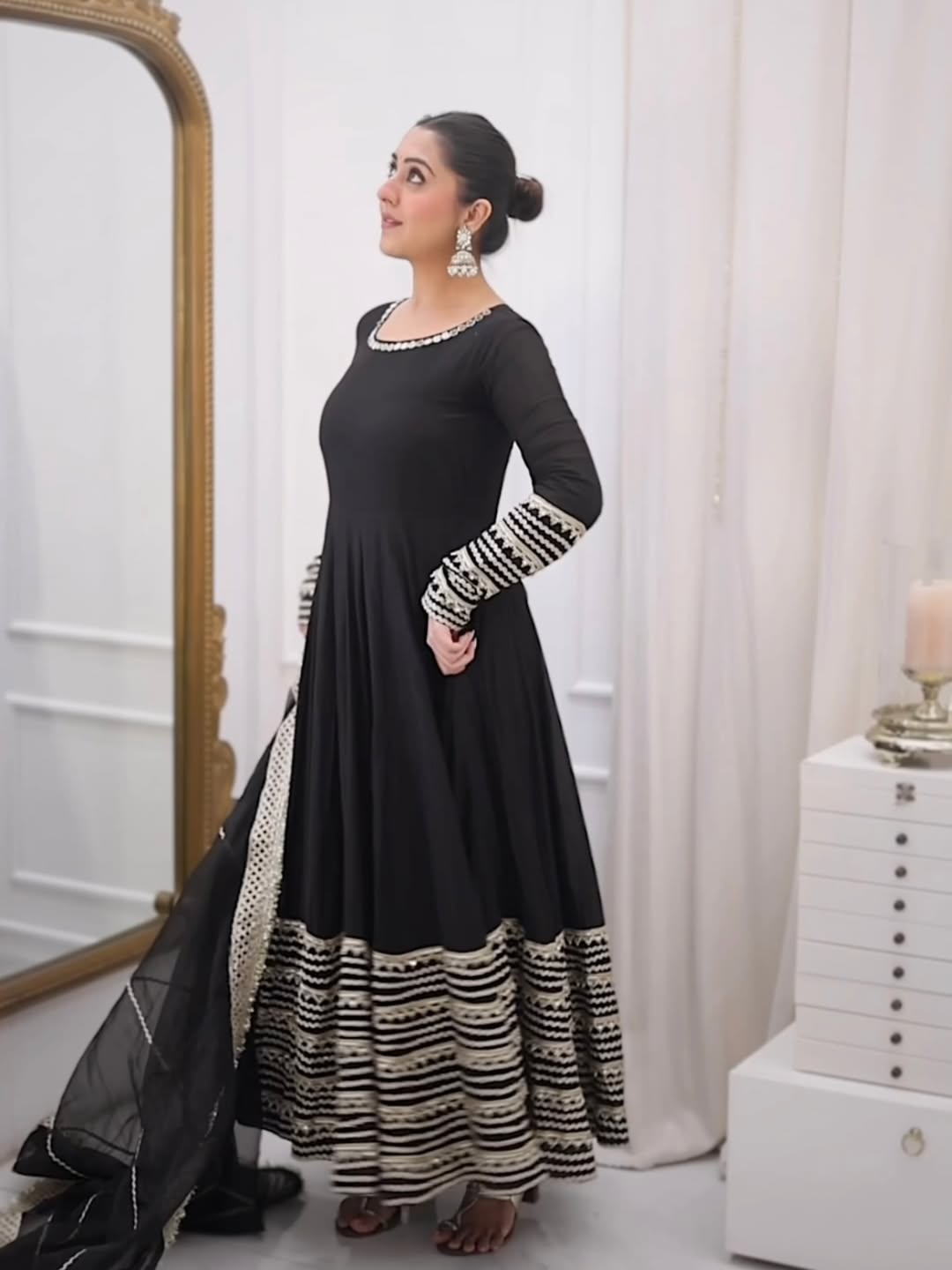 Black Rayon Embroidered Anarkali Suit Set with Pant & Dupatta (Kali Cut | 3 Piece Set)