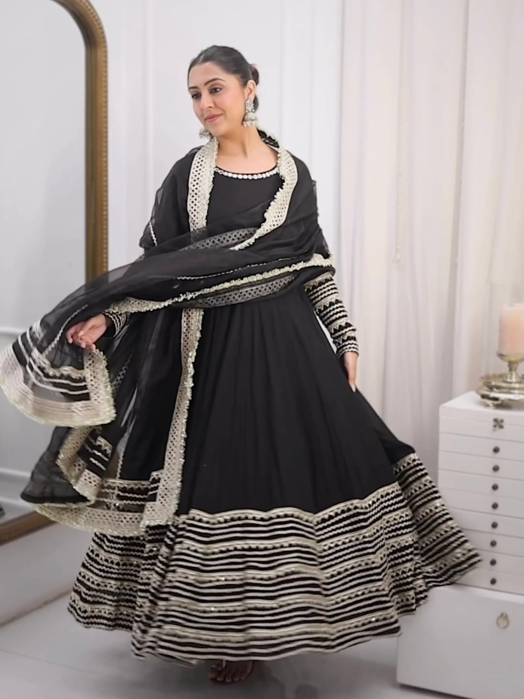 Black Rayon Embroidered Anarkali Suit Set with Pant & Dupatta (Kali Cut | 3 Piece Set)