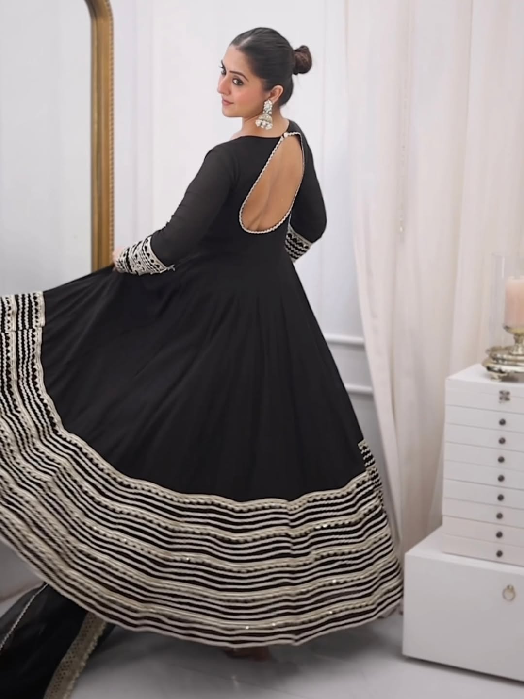 Black Rayon Embroidered Anarkali Suit Set with Pant & Dupatta (Kali Cut | 3 Piece Set)