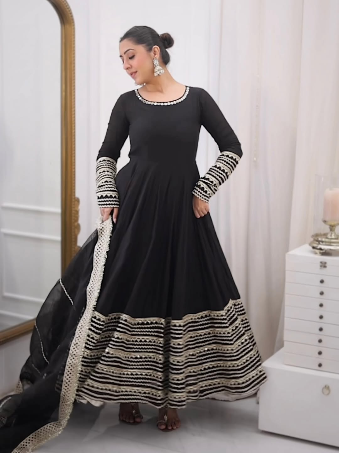 Black Rayon Embroidered Anarkali Suit Set with Pant & Dupatta (Kali Cut | 3 Piece Set)