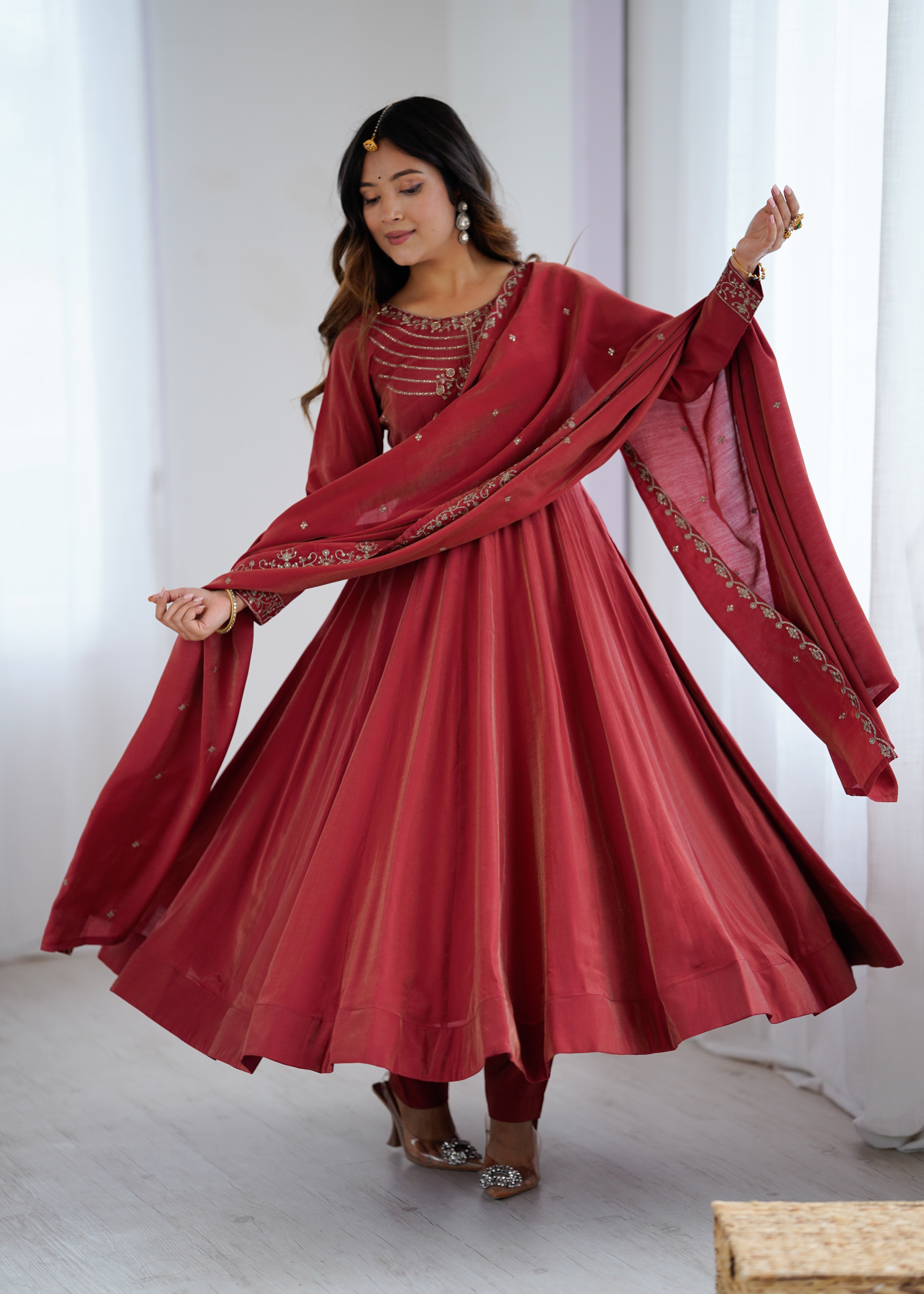Roman Shimmer Chanderi Silk Anarkali Suit Set