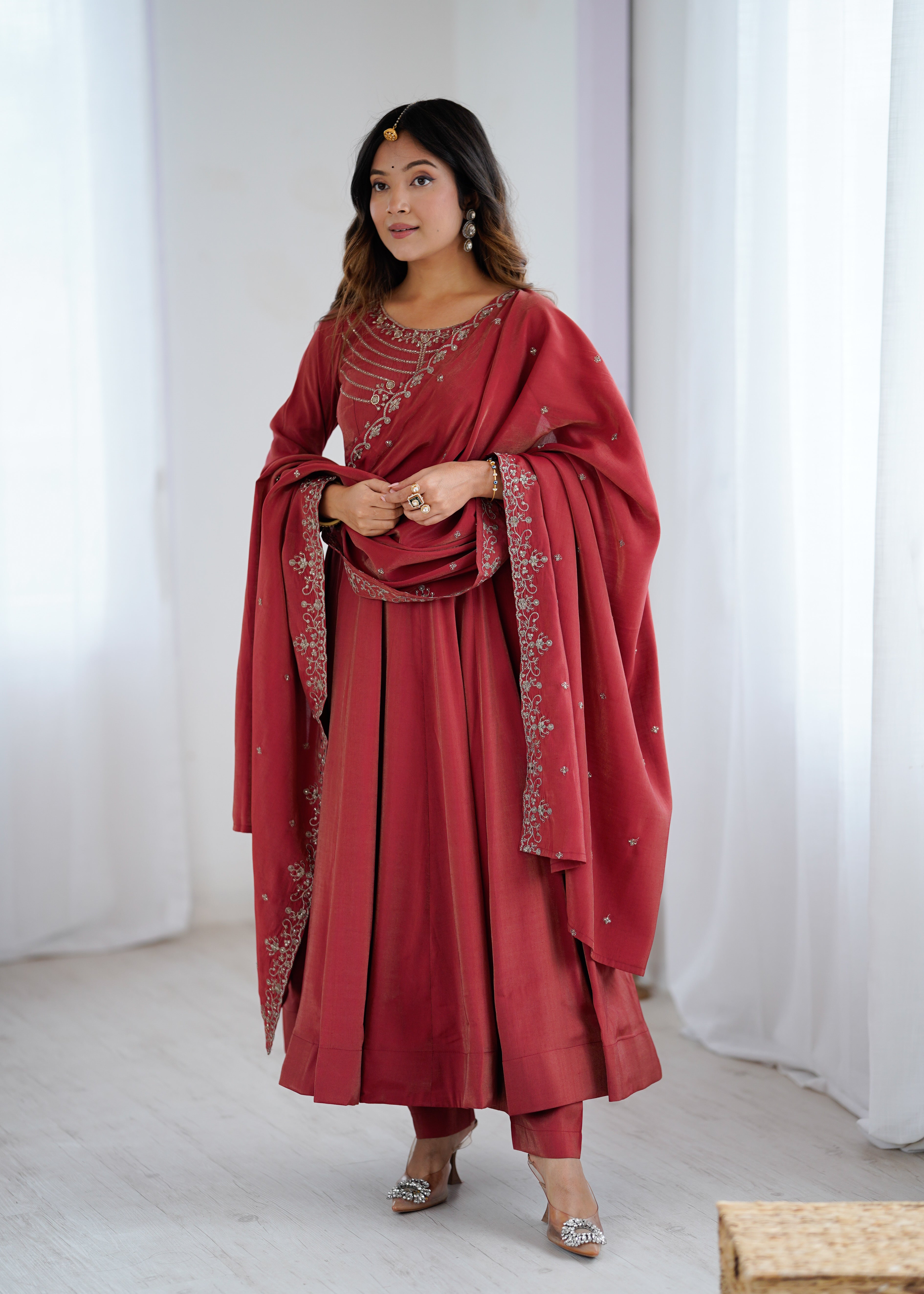 Roman Shimmer Chanderi Silk Anarkali Suit Set
