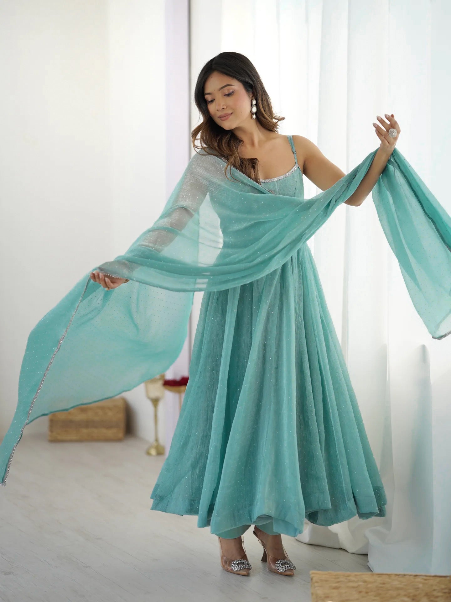 Women's Premium Crunchy Silk Anarkali Suit Set with Sirovski Work, Kali Cut Flare & Dupatta