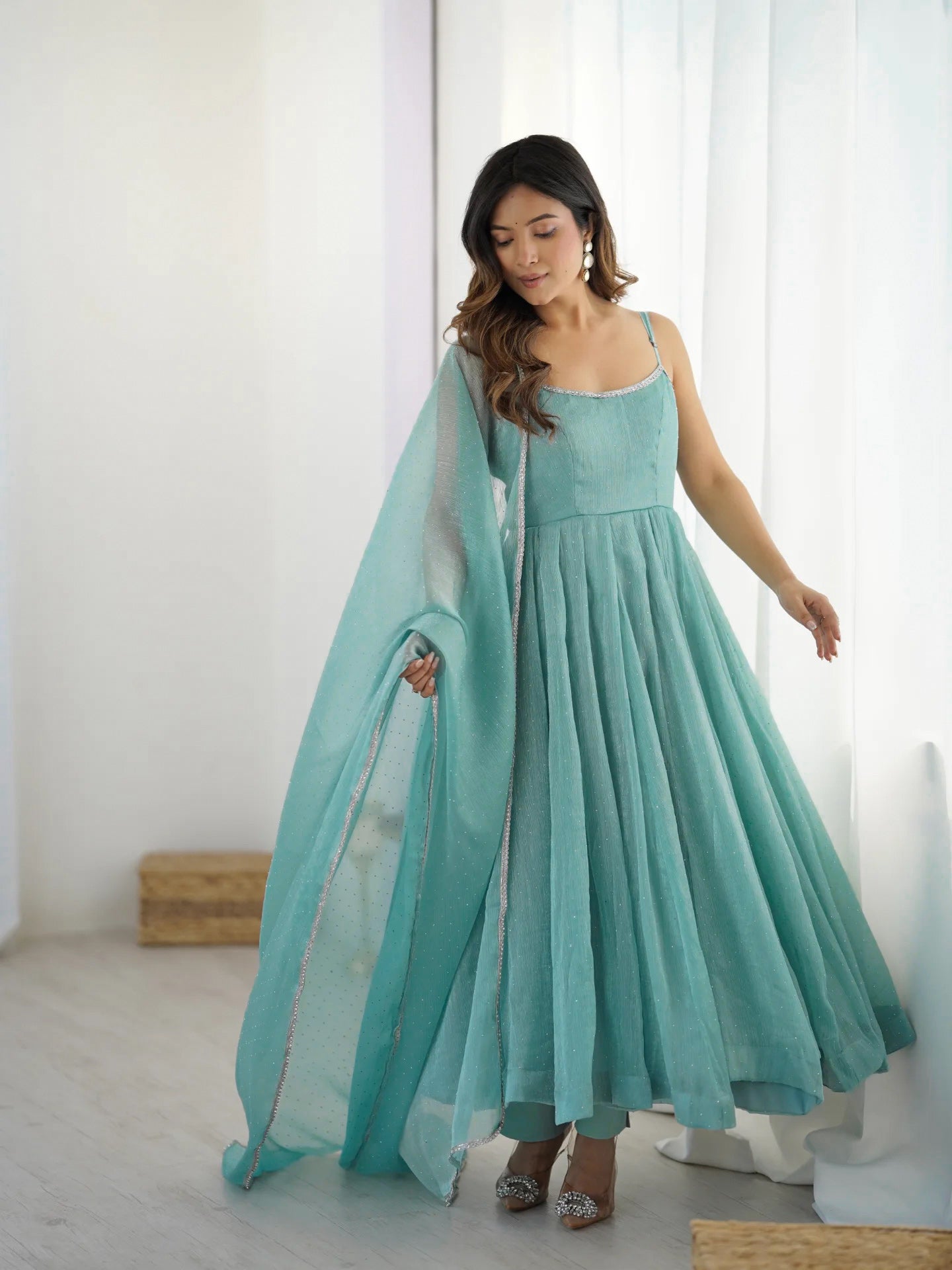 Women's Premium Crunchy Silk Anarkali Suit Set with Sirovski Work, Kali Cut Flare & Dupatta