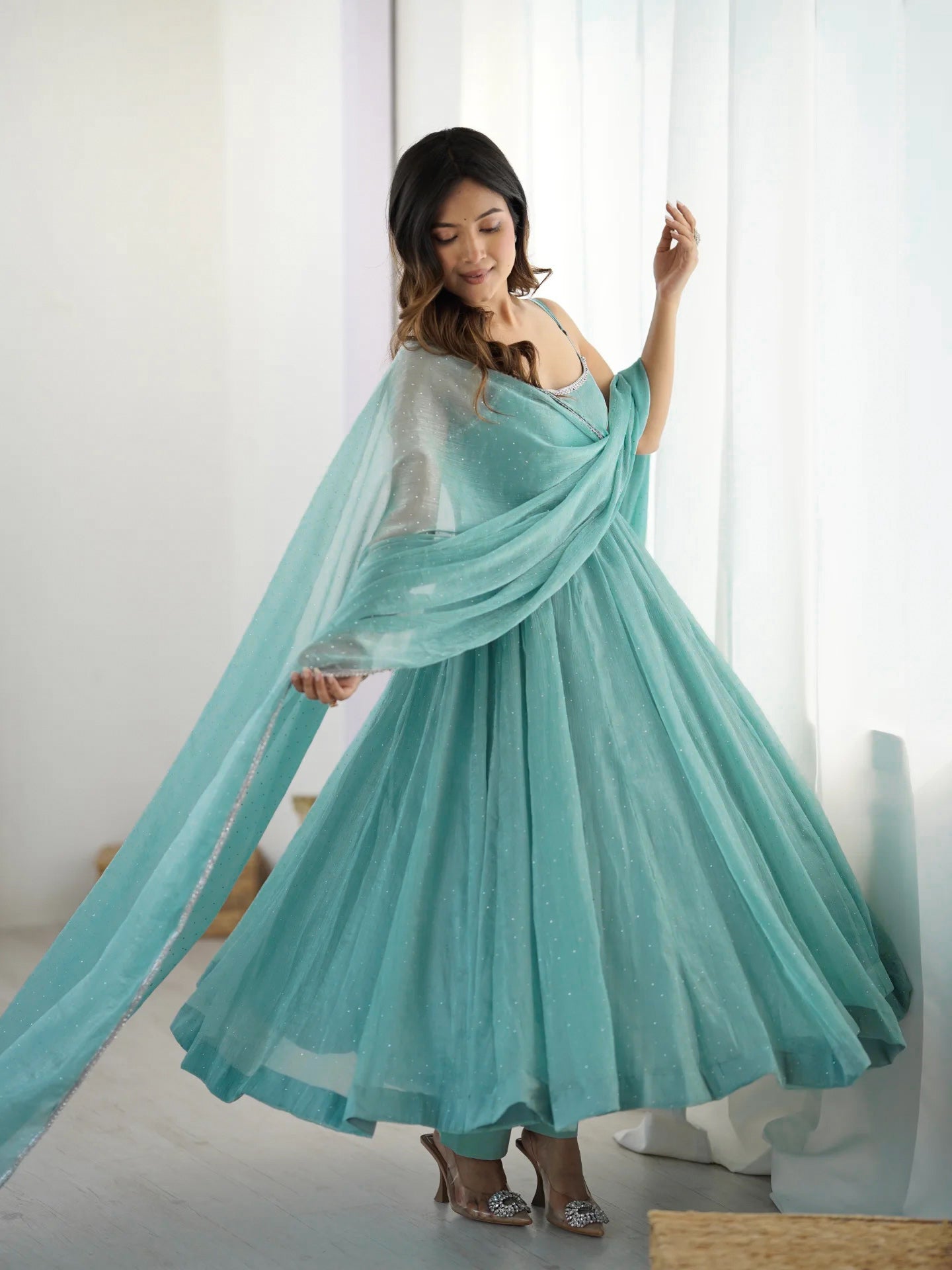 Women's Premium Crunchy Silk Anarkali Suit Set with Sirovski Work, Kali Cut Flare & Dupatta
