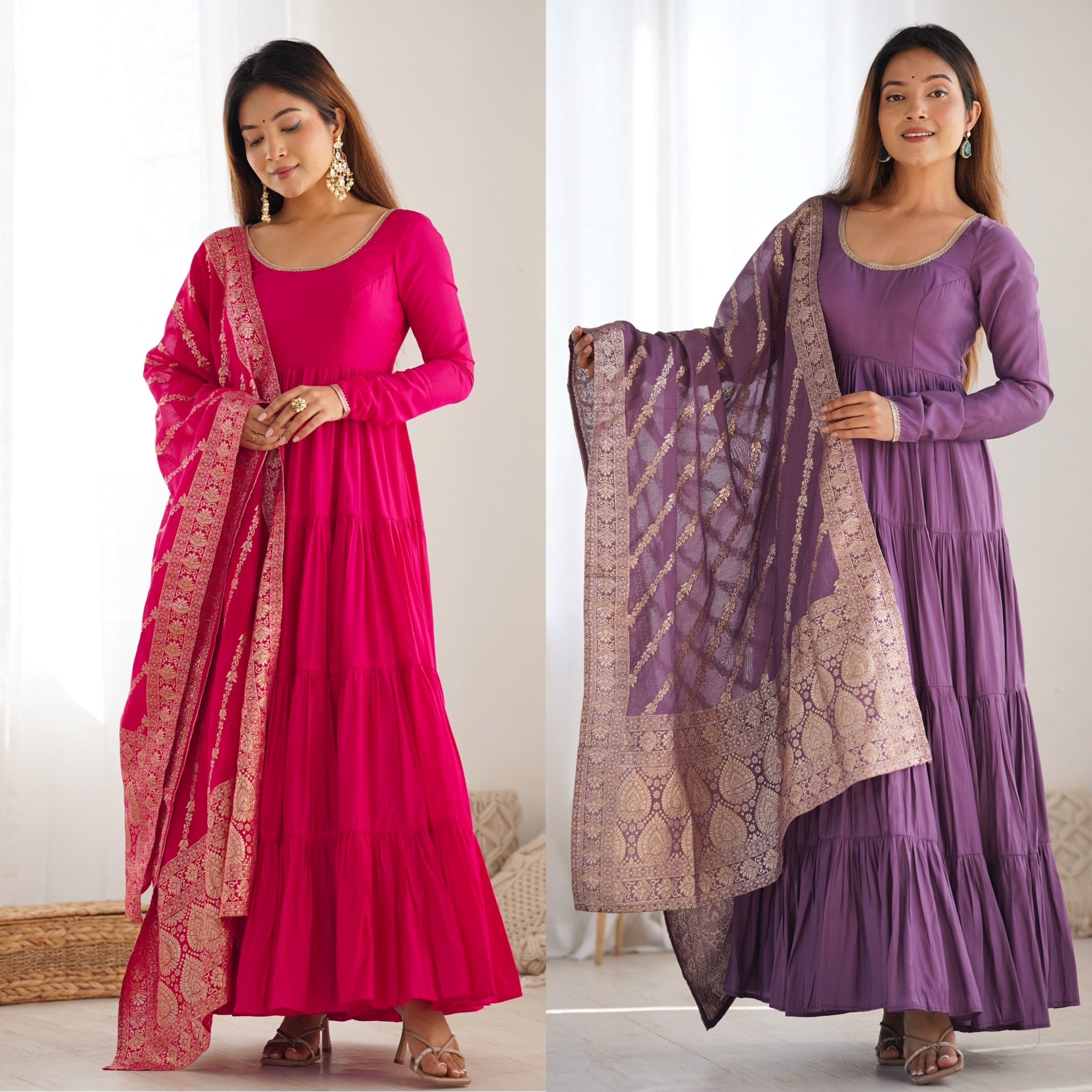 Premium Roman Silk Chanderi Anarkali Suit Set