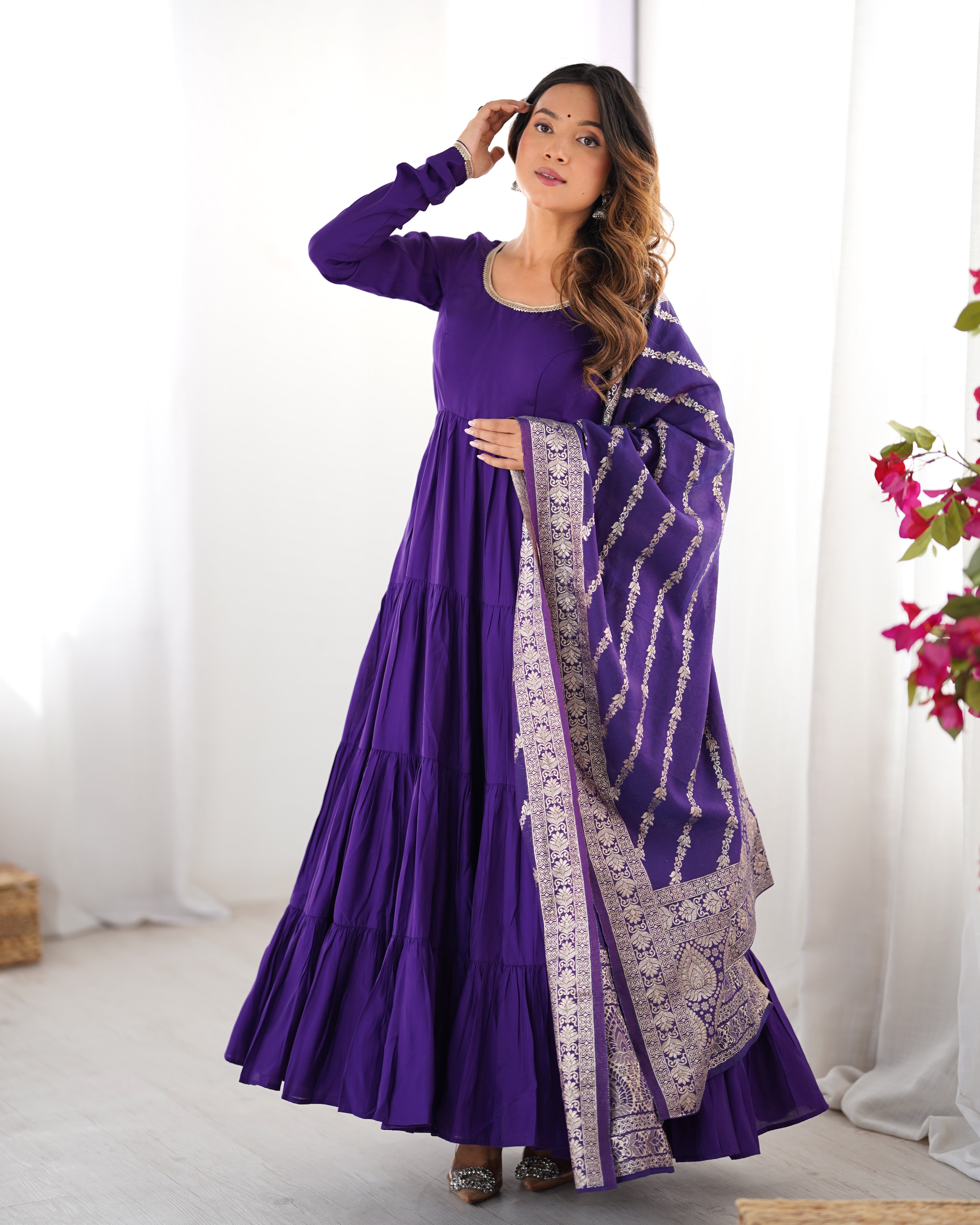 Premium Roman Silk Chanderi Anarkali Suit Set