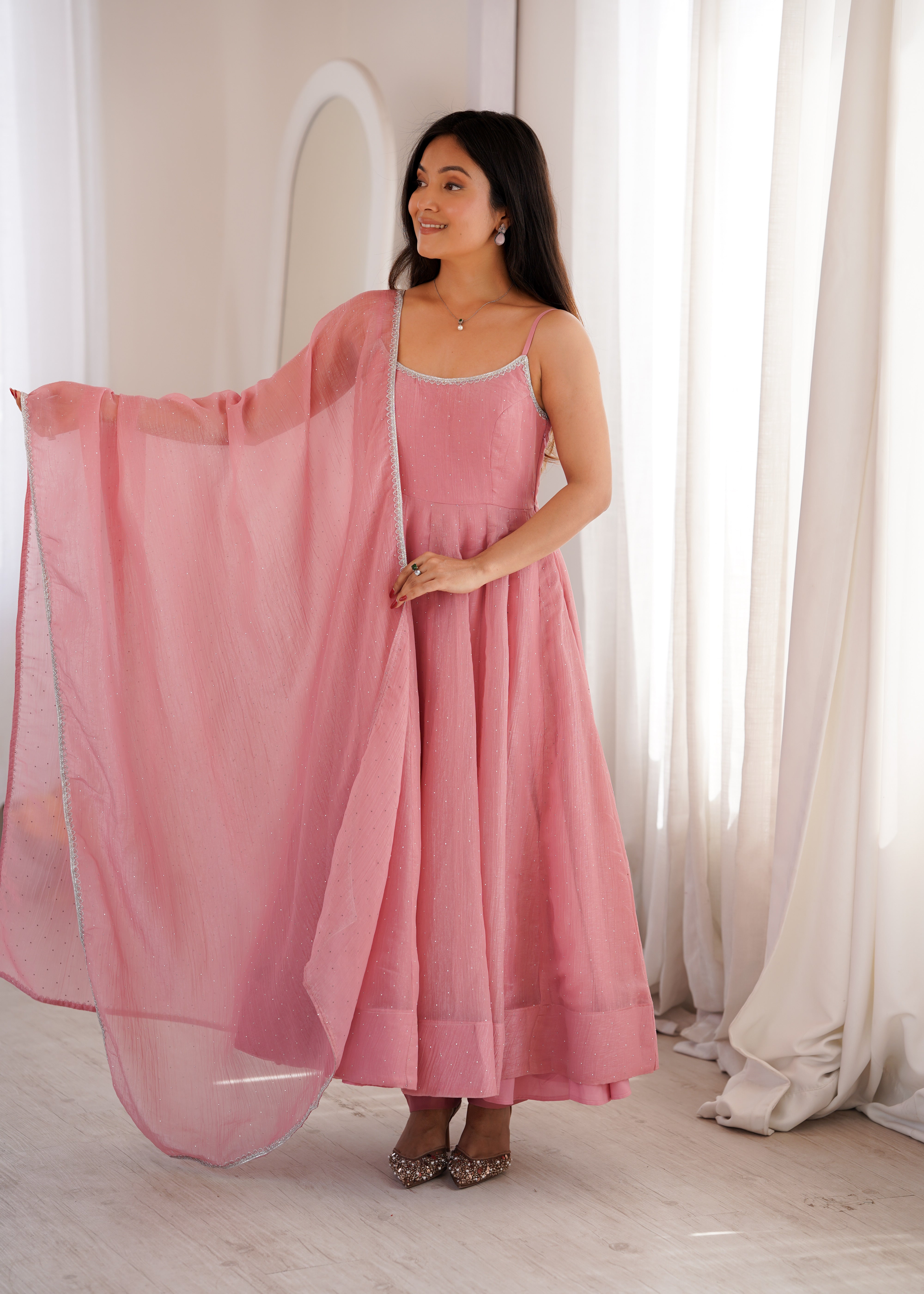 Women's Premium Crunchy Silk Anarkali Suit Set with Sirovski Work, Kali Cut Flare & Dupatta