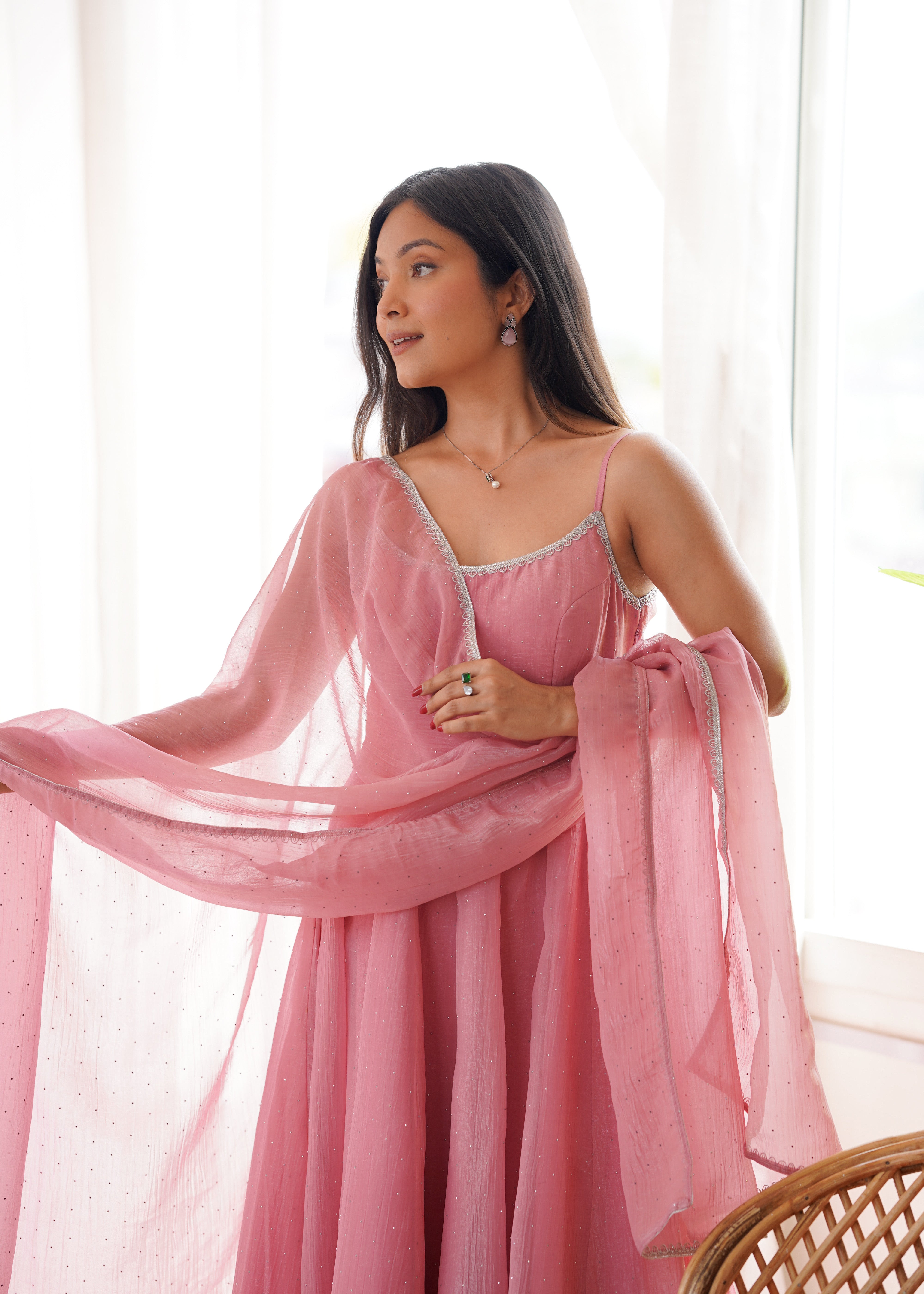 Women's Premium Crunchy Silk Anarkali Suit Set with Sirovski Work, Kali Cut Flare & Dupatta