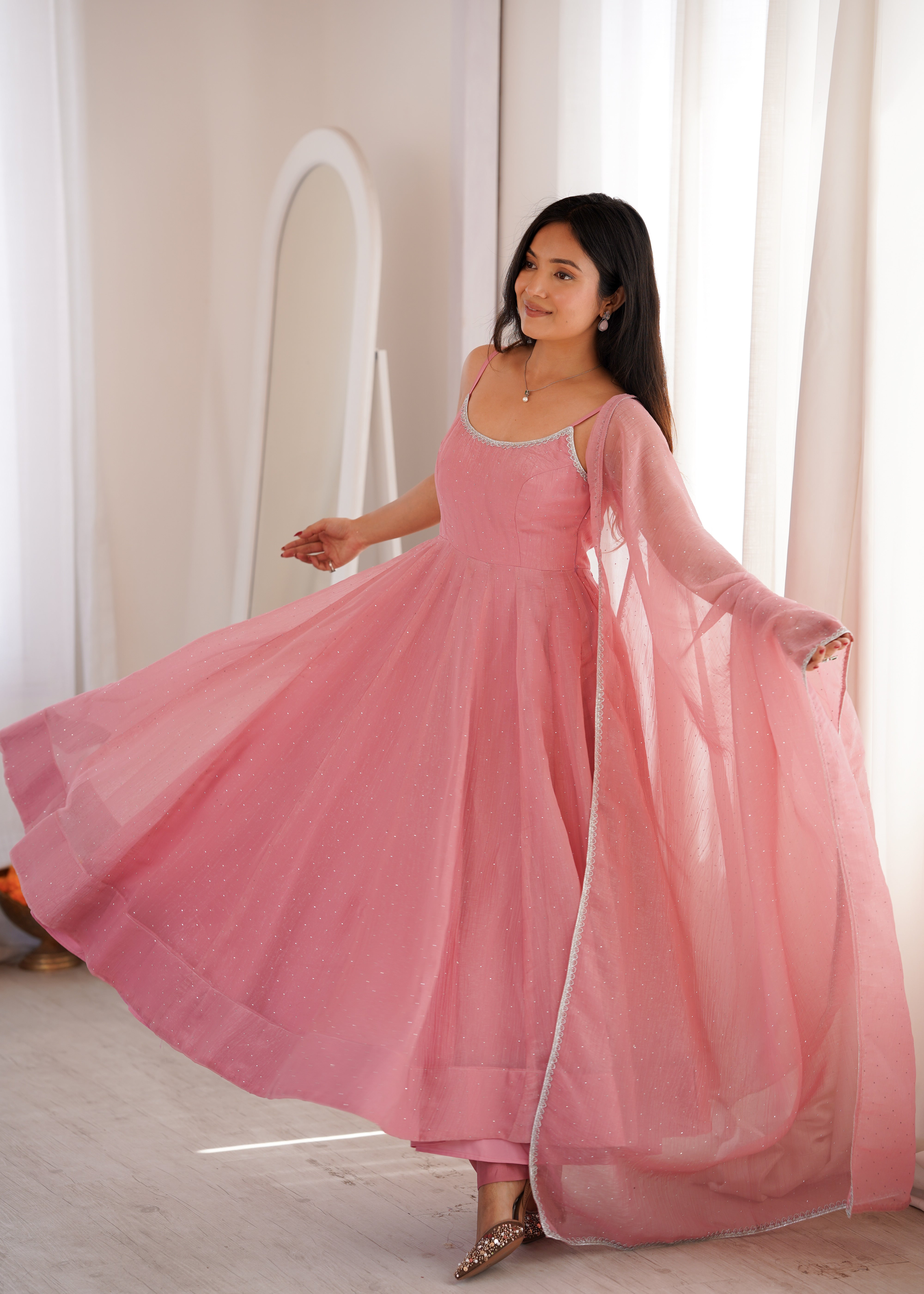 Women's Premium Crunchy Silk Anarkali Suit Set with Sirovski Work, Kali Cut Flare & Dupatta