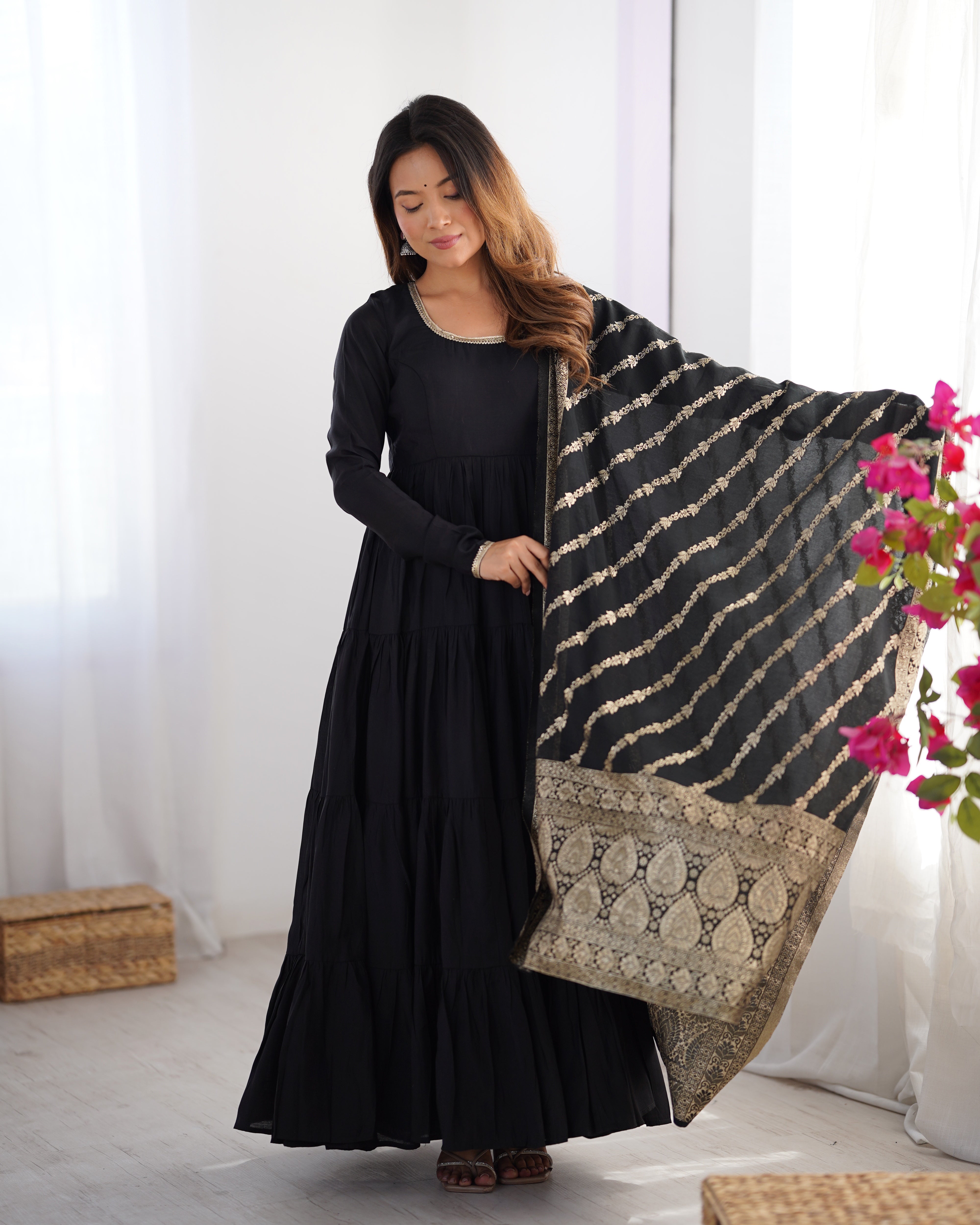 Premium Roman Silk Chanderi Anarkali Suit Set