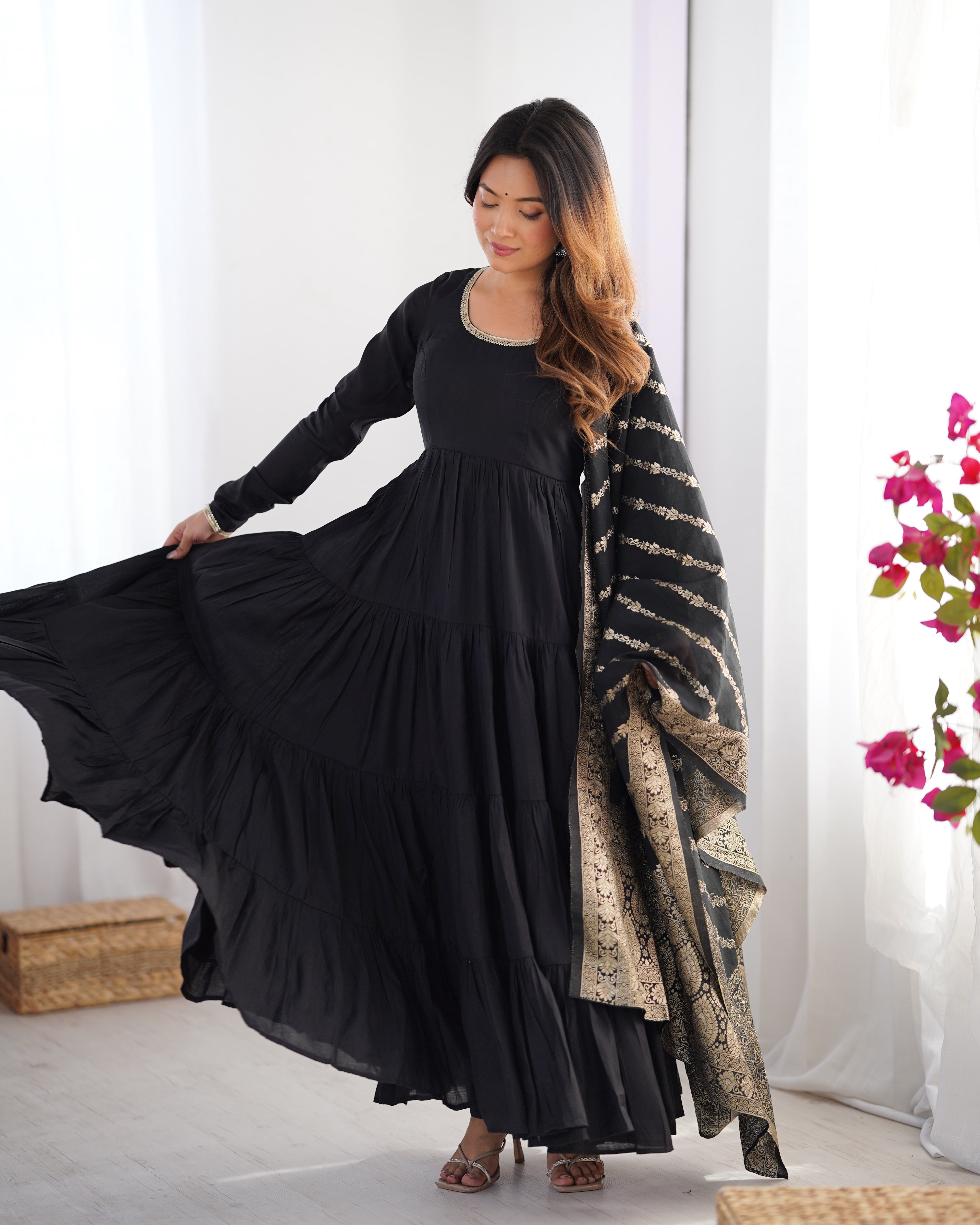 Premium Roman Silk Chanderi Anarkali Suit Set