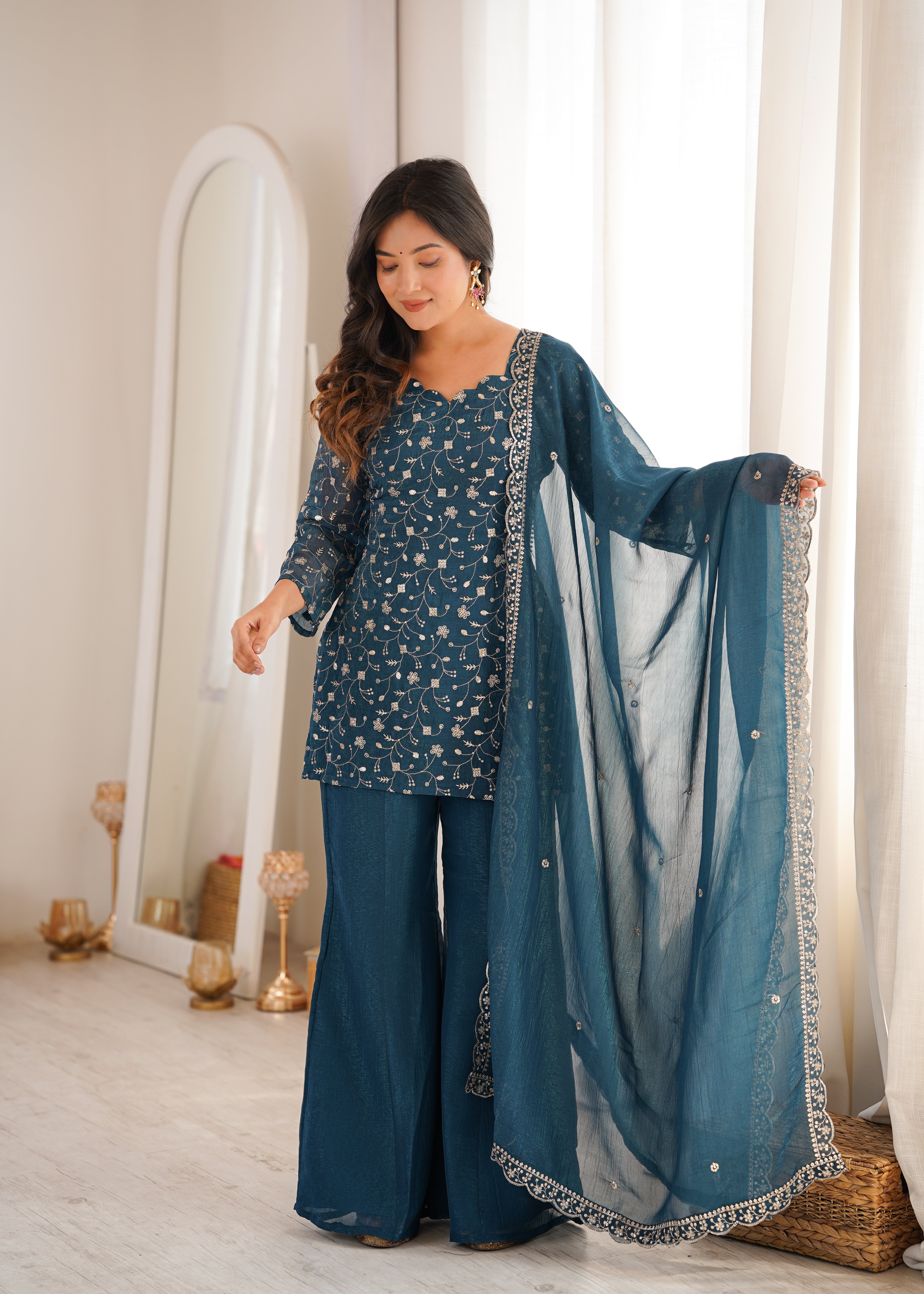 Women's Crunchy Silk Embroidered Kurta Set with Dupatta & Bell Bottom Pants