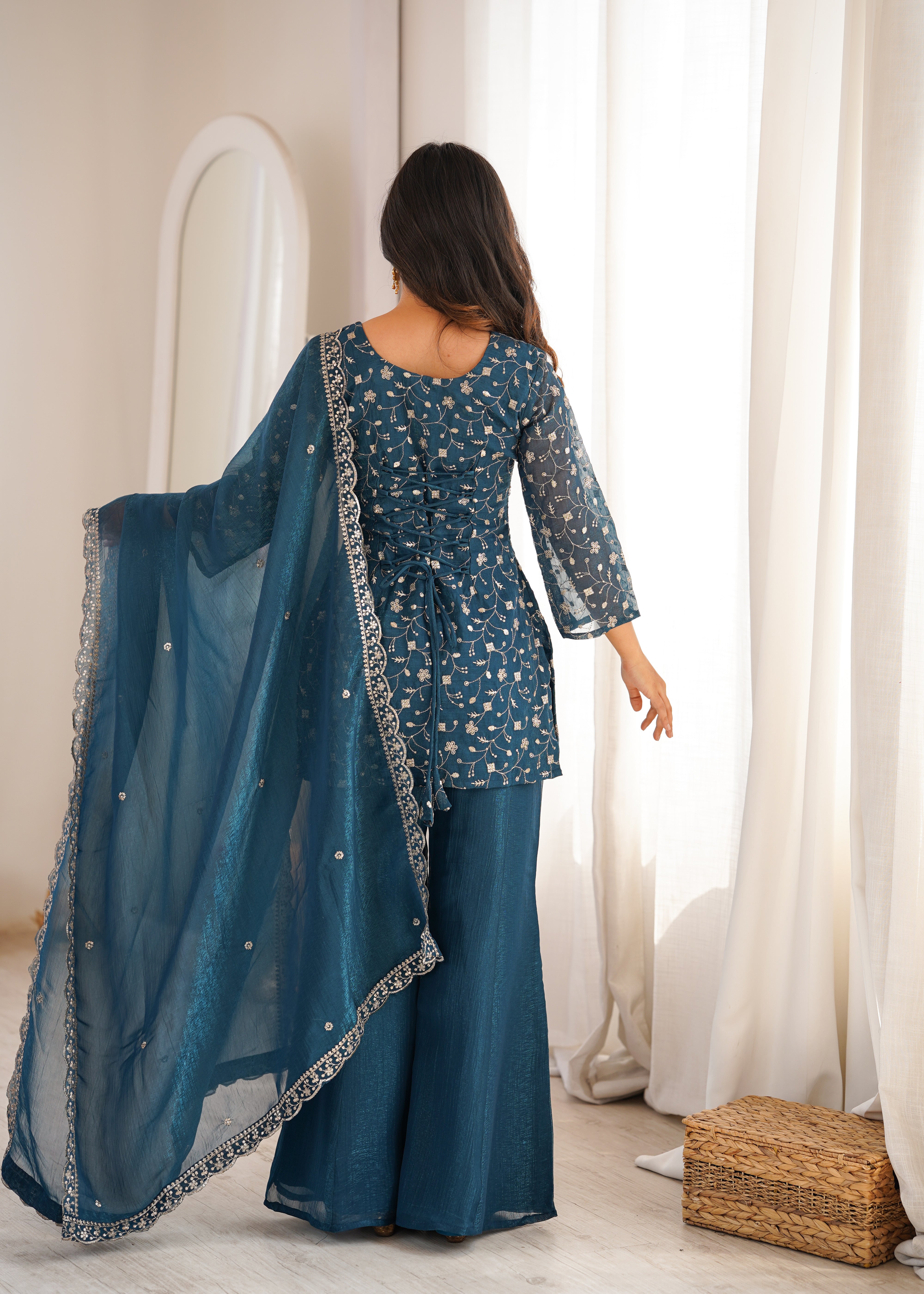 Women's Crunchy Silk Embroidered Kurta Set with Dupatta & Bell Bottom Pants