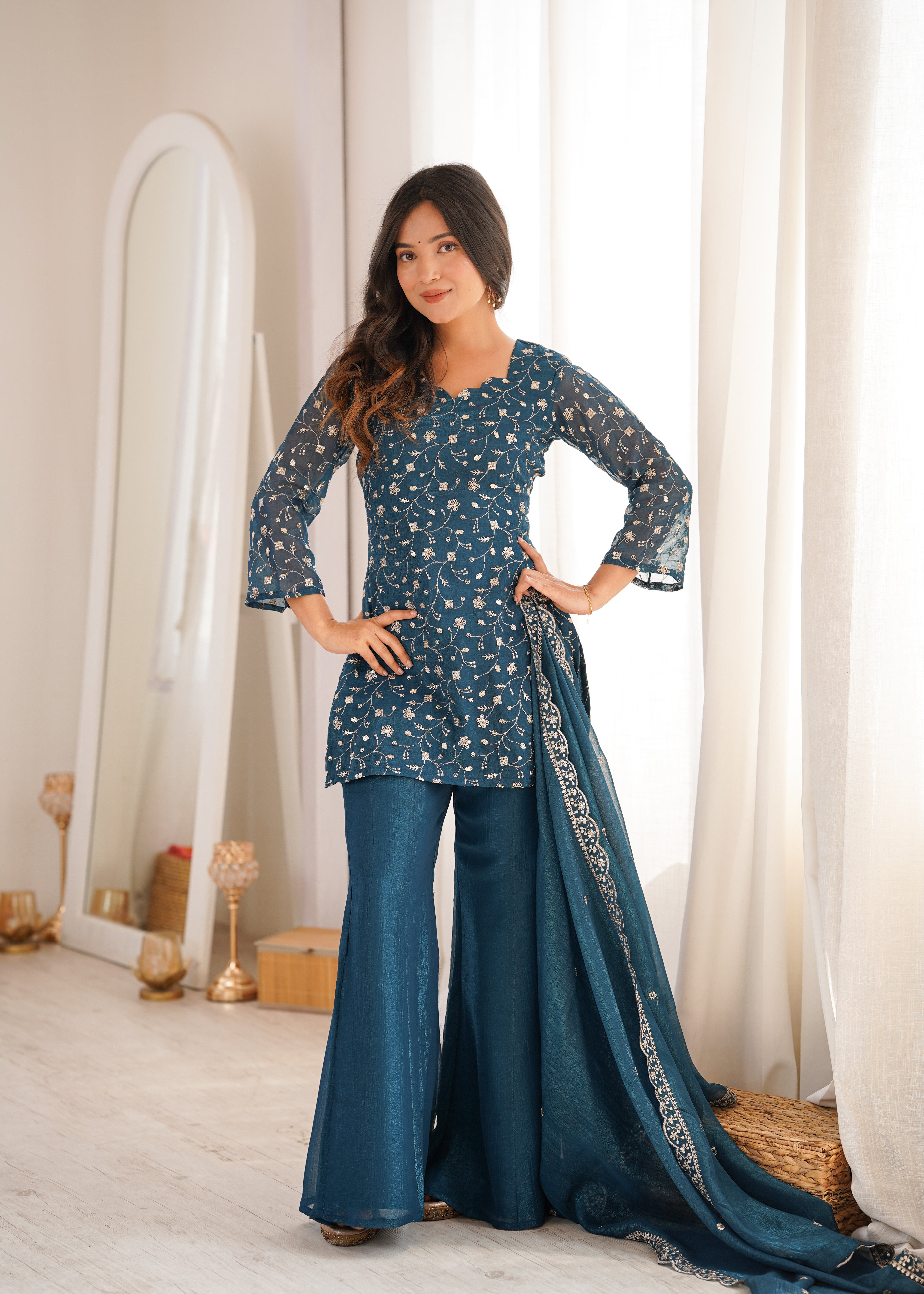 Women's Crunchy Silk Embroidered Kurta Set with Dupatta & Bell Bottom Pants