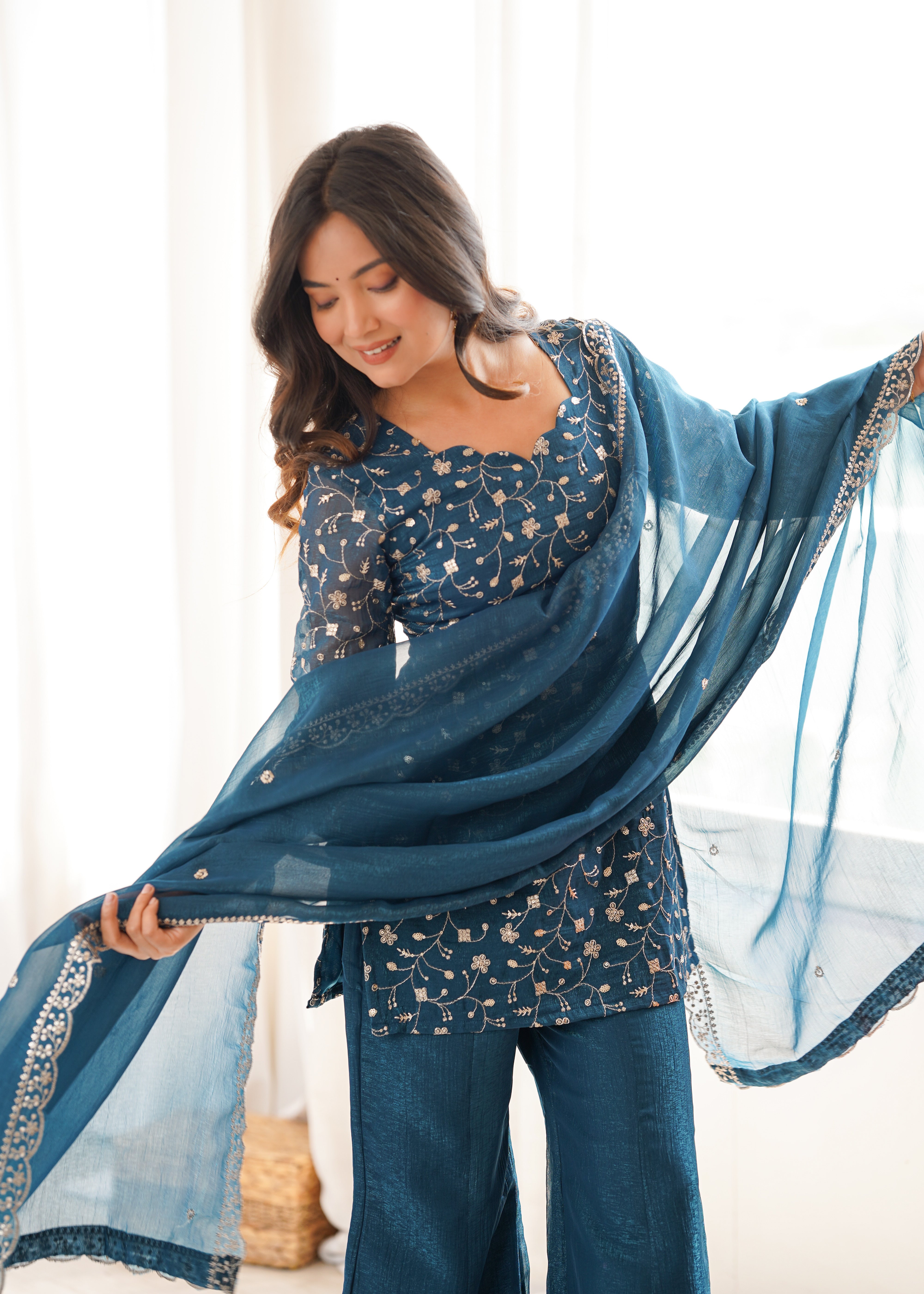Women's Crunchy Silk Embroidered Kurta Set with Dupatta & Bell Bottom Pants