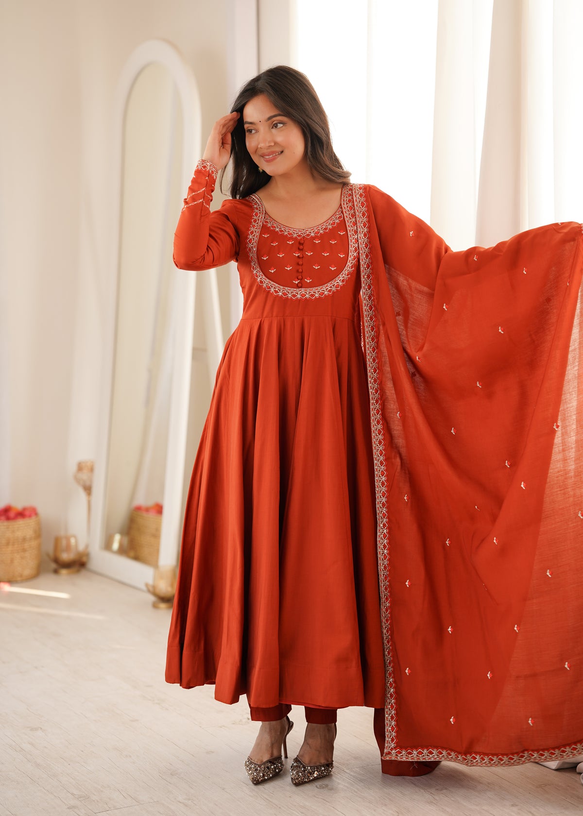 Premium Pure Silk 16 Kali Flared Anarkali Gown with Embroidered Dupatta & Pant Set