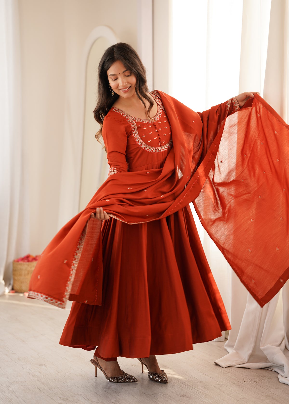 Premium Pure Silk 16 Kali Flared Anarkali Gown with Embroidered Dupatta & Pant Set
