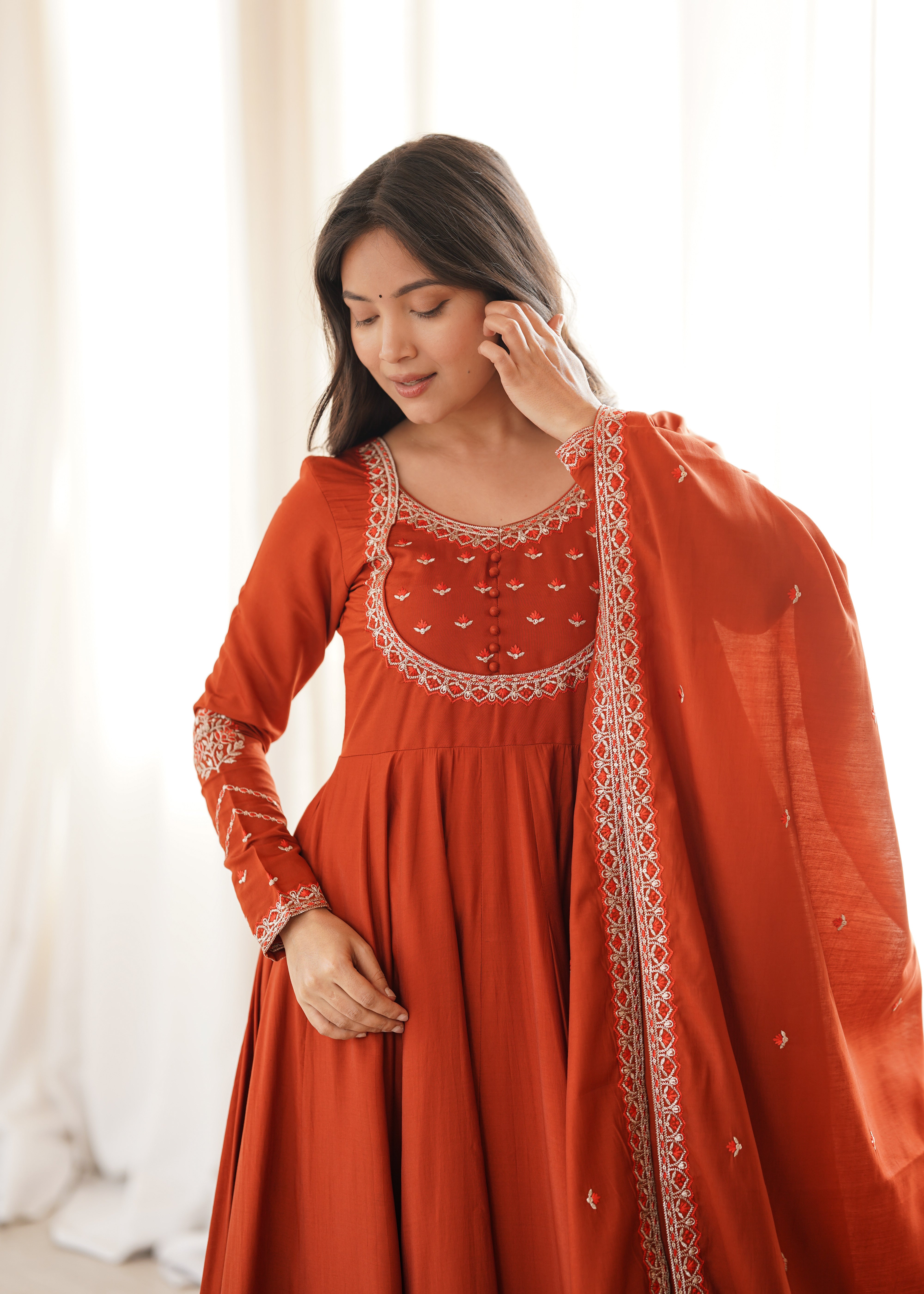 Premium Pure Silk 16 Kali Flared Anarkali Gown with Embroidered Dupatta & Pant Set