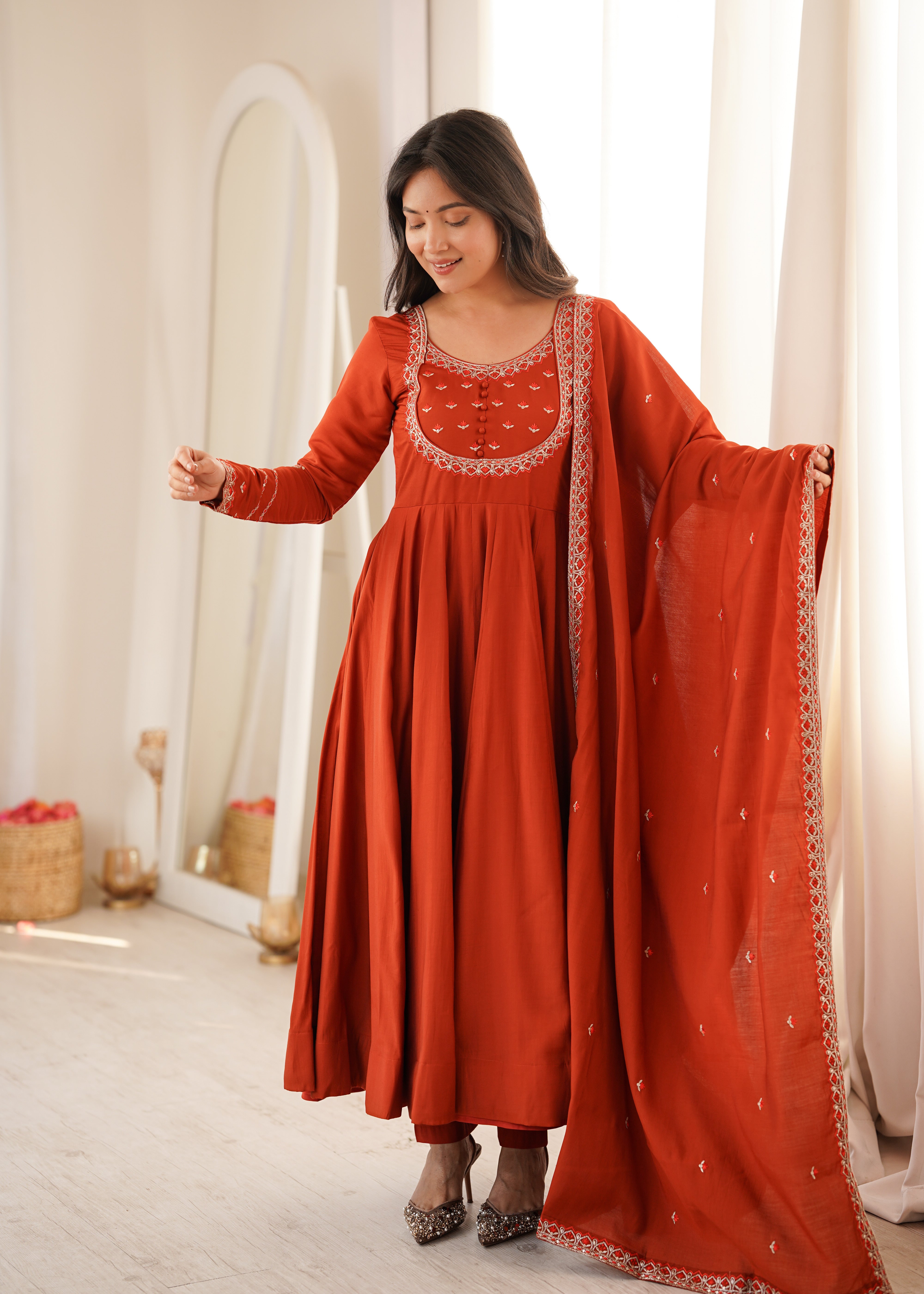 Premium Pure Silk 16 Kali Flared Anarkali Gown with Embroidered Dupatta & Pant Set