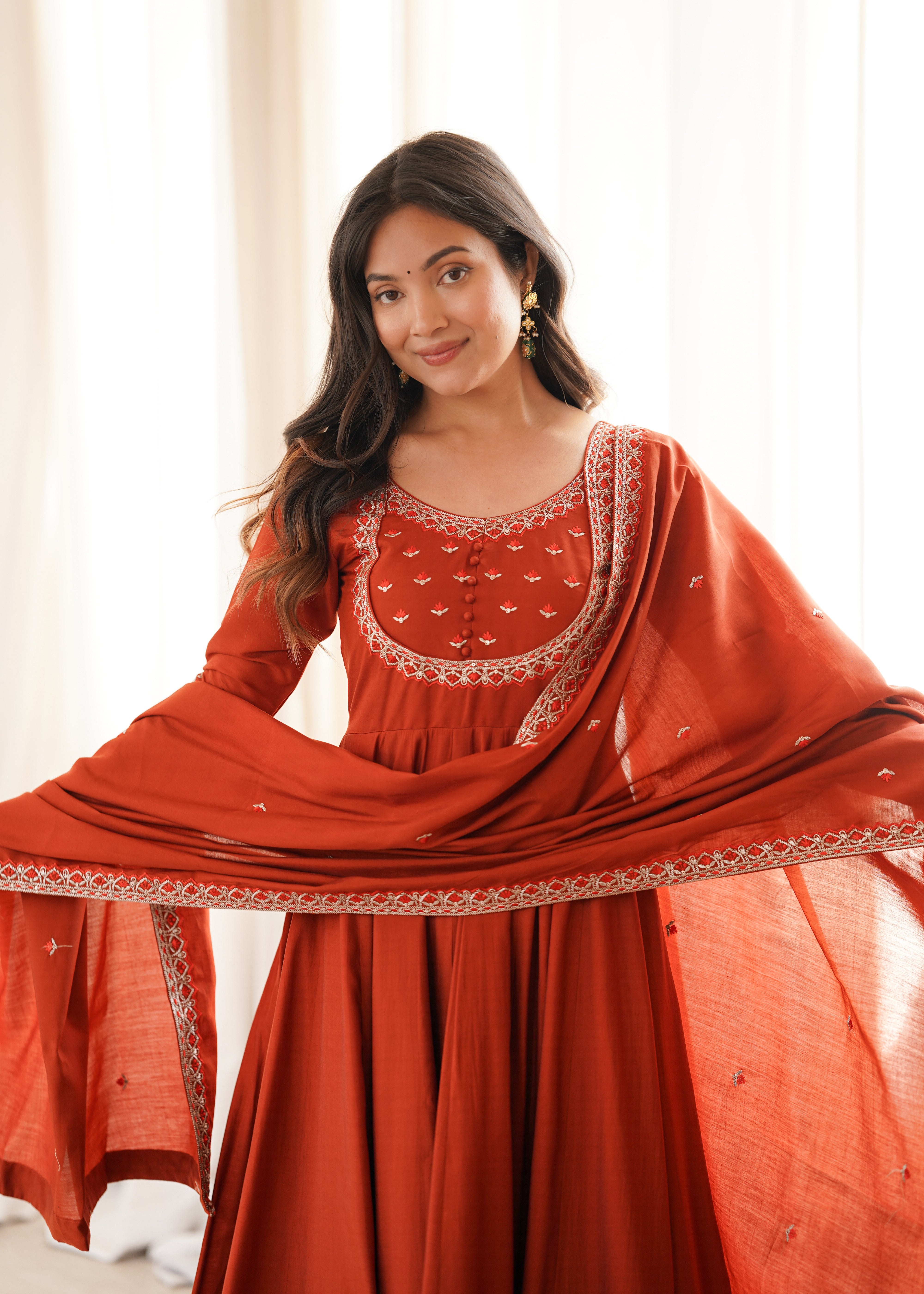 Premium Pure Silk 16 Kali Flared Anarkali Gown with Embroidered Dupatta & Pant Set