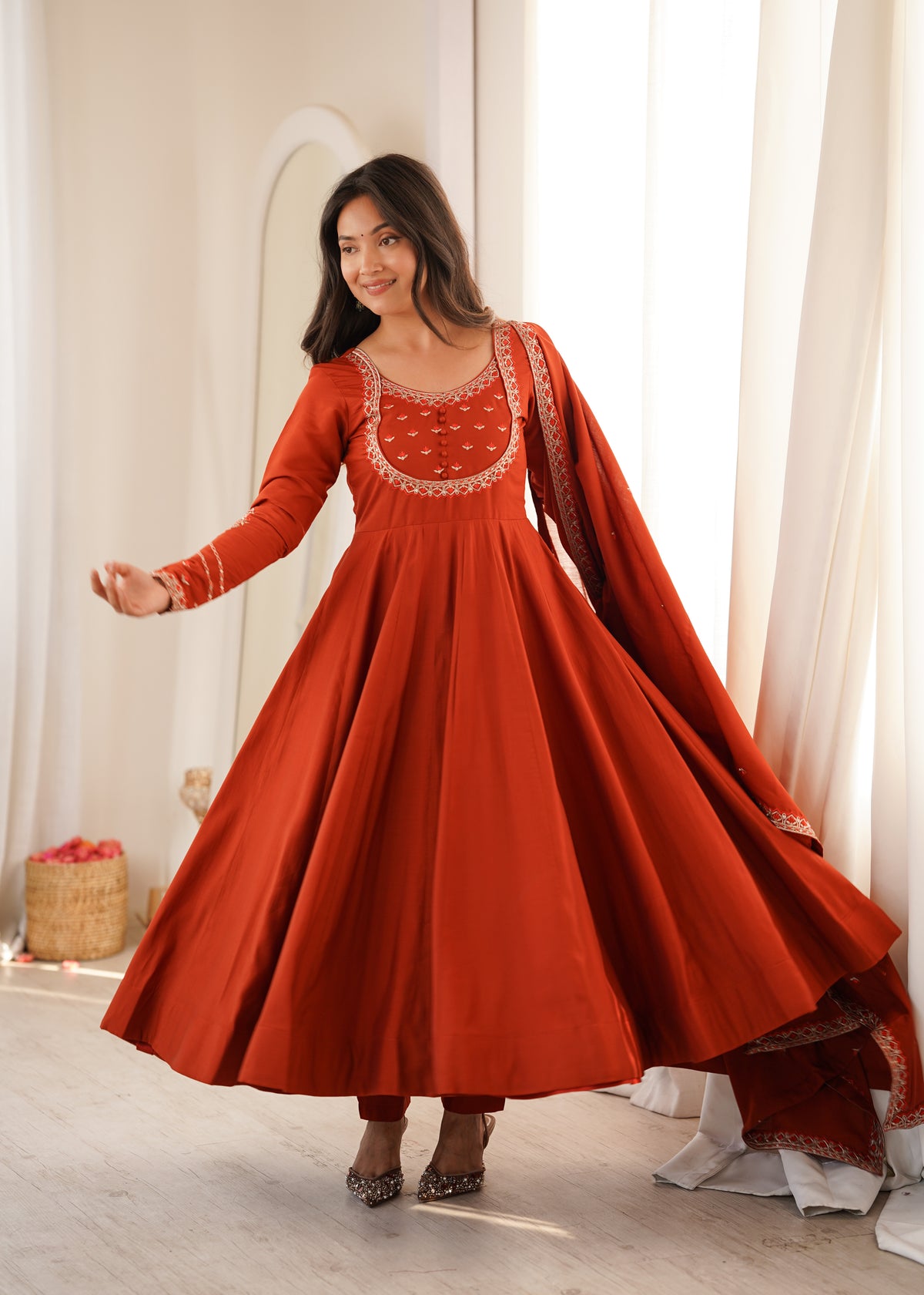 Premium Pure Silk 16 Kali Flared Anarkali Gown with Embroidered Dupatta & Pant Set
