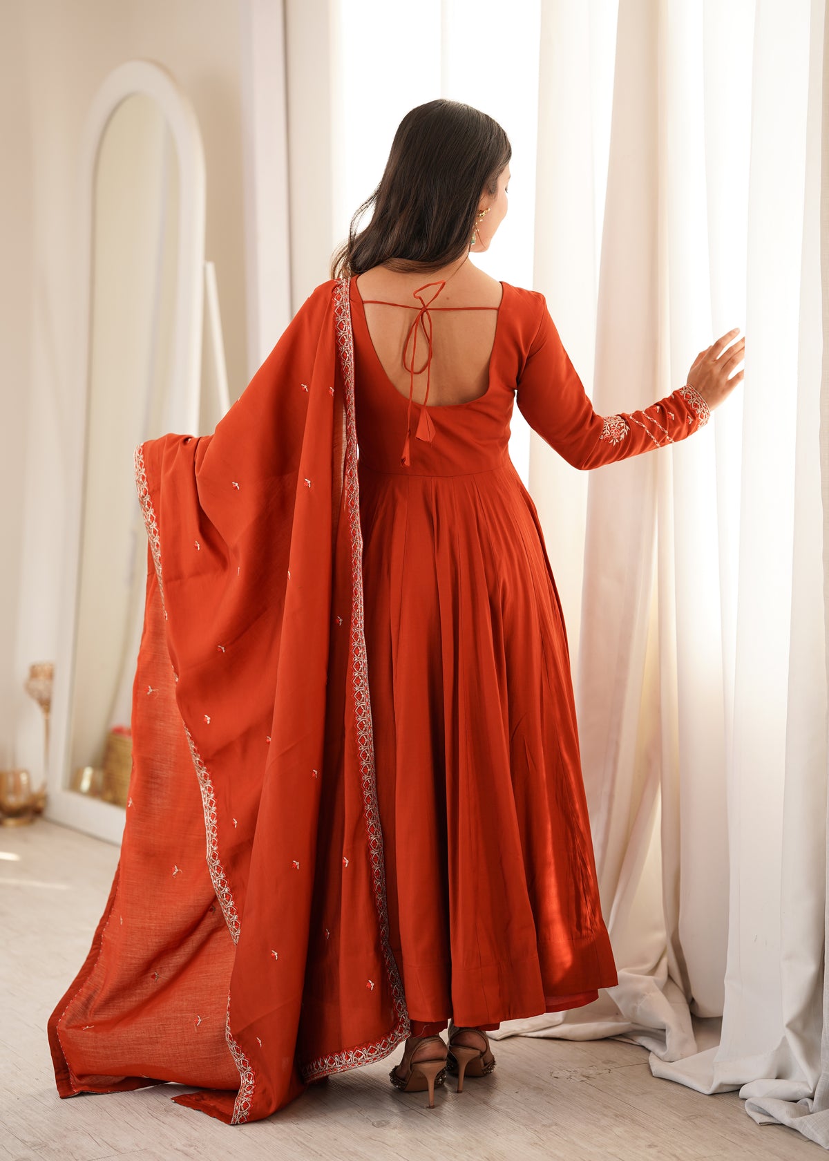Premium Pure Silk 16 Kali Flared Anarkali Gown with Embroidered Dupatta & Pant Set