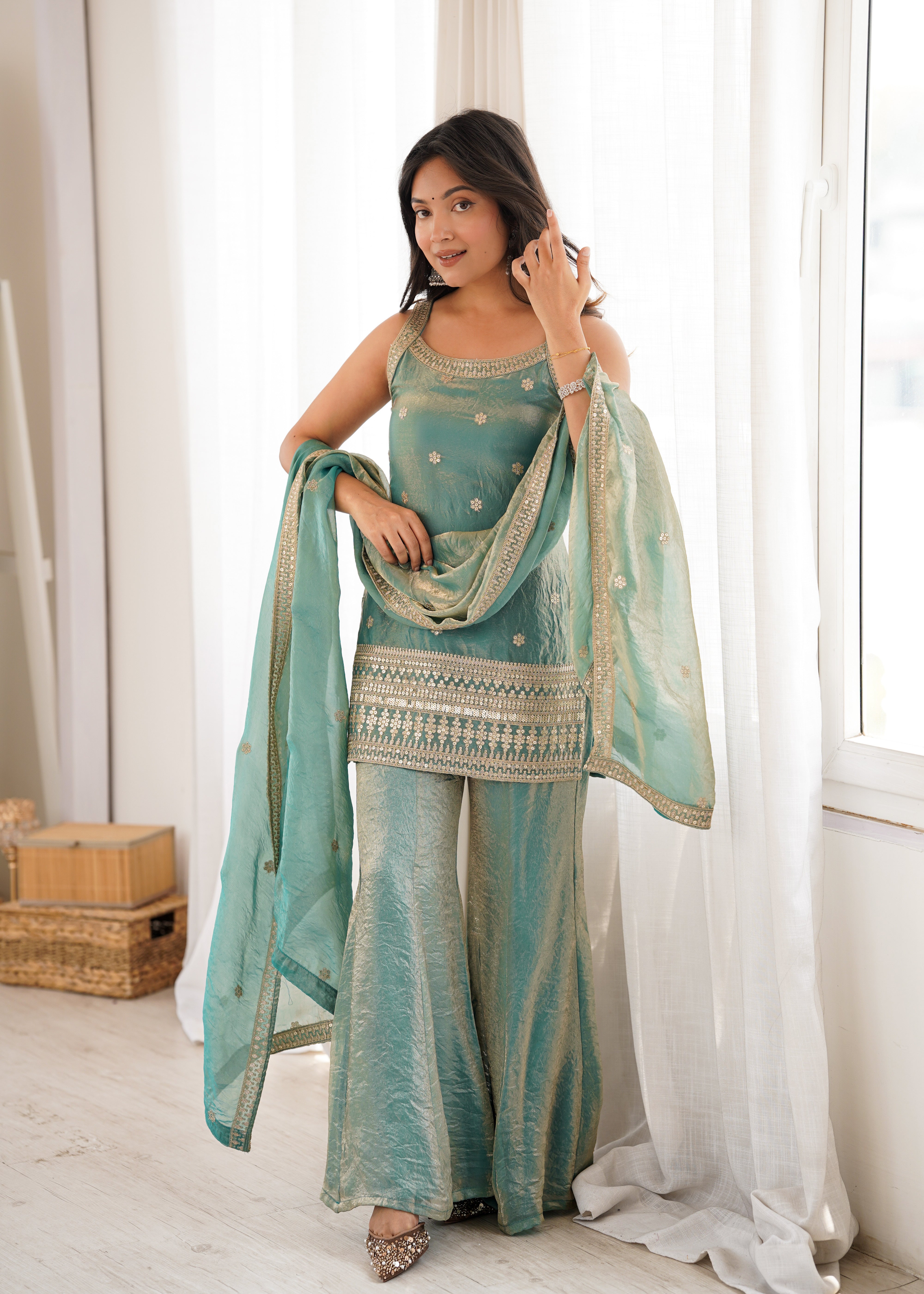Women's Trendy Silk Kurta Set with Embroidery, Sequins, Dori & Zari Work, Bell Bottom Pants and Dupatta