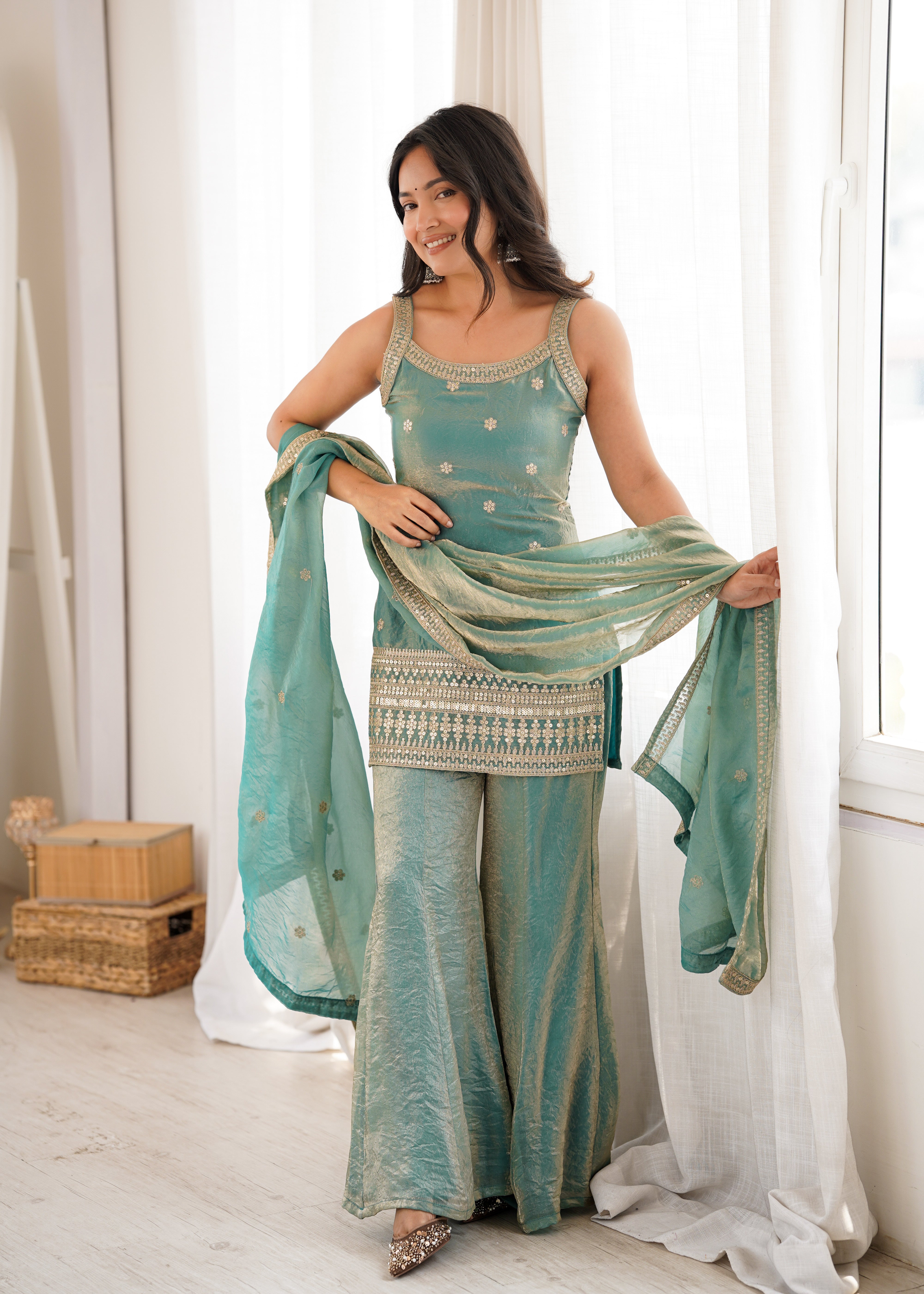 Women's Trendy Silk Kurta Set with Embroidery, Sequins, Dori & Zari Work, Bell Bottom Pants and Dupatta
