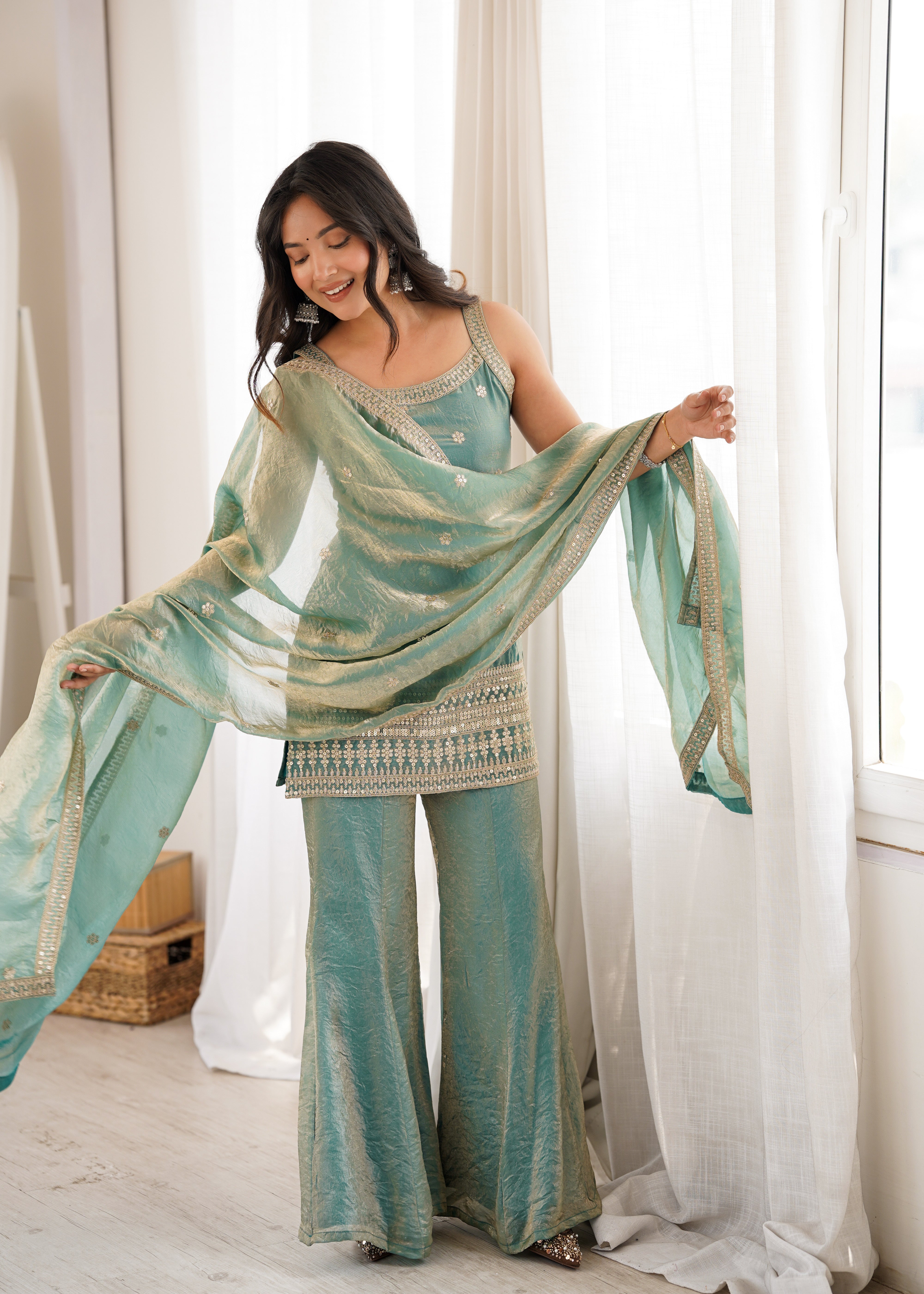 Women's Trendy Silk Kurta Set with Embroidery, Sequins, Dori & Zari Work, Bell Bottom Pants and Dupatta