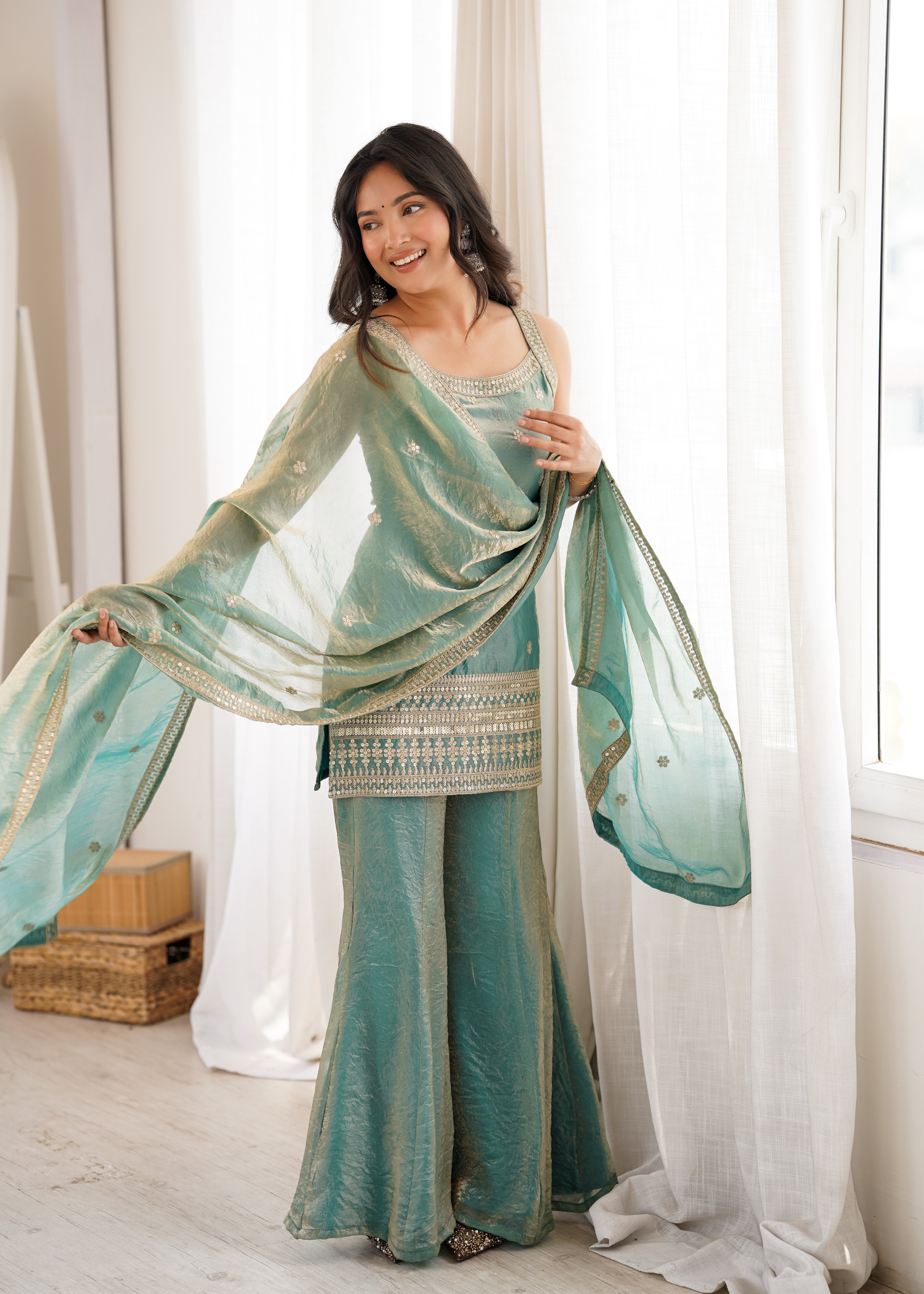 Women's Trendy Silk Kurta Set with Embroidery, Sequins, Dori & Zari Work, Bell Bottom Pants and Dupatta