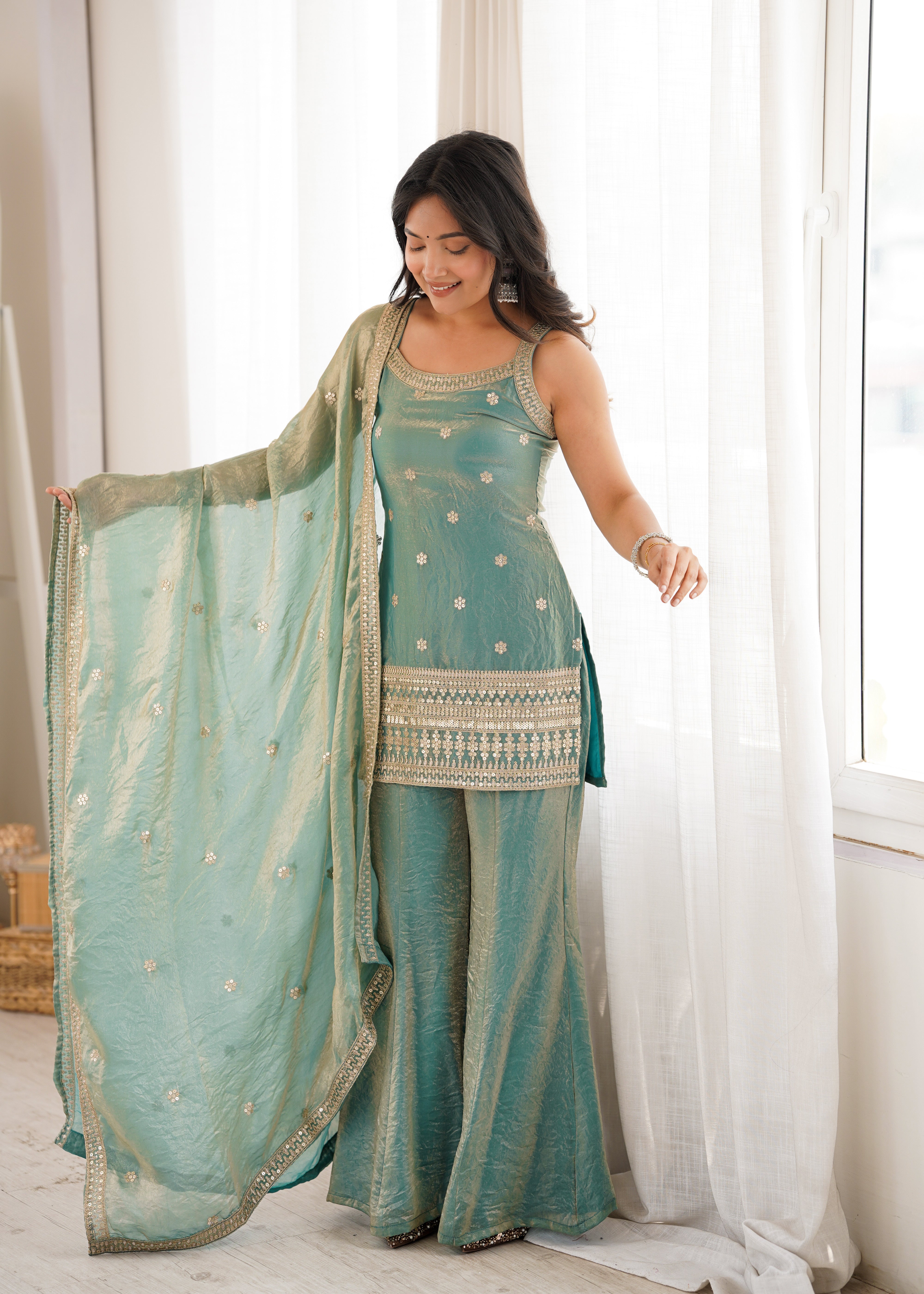 Women's Trendy Silk Kurta Set with Embroidery, Sequins, Dori & Zari Work, Bell Bottom Pants and Dupatta