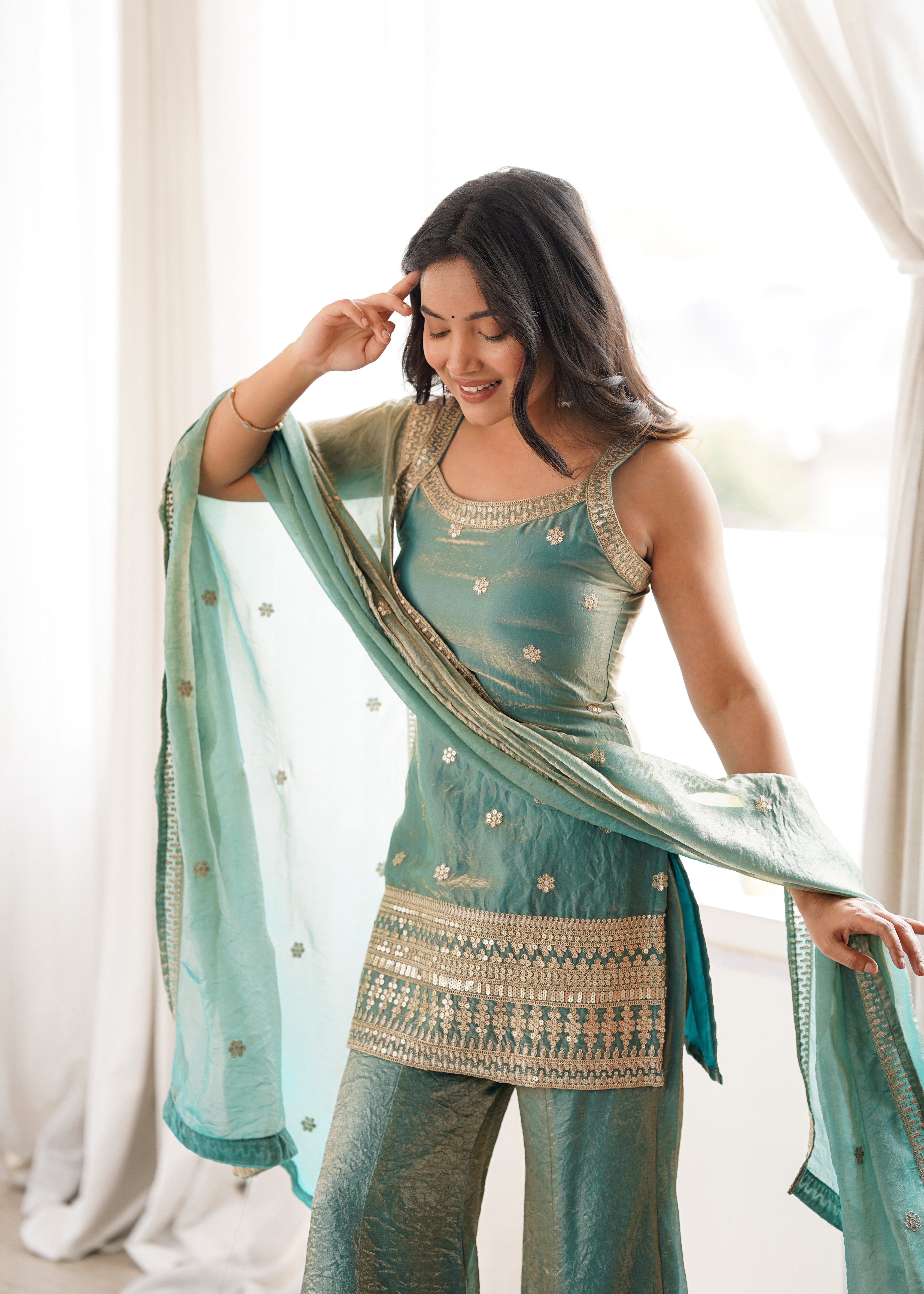 Women's Trendy Silk Kurta Set with Embroidery, Sequins, Dori & Zari Work, Bell Bottom Pants and Dupatta