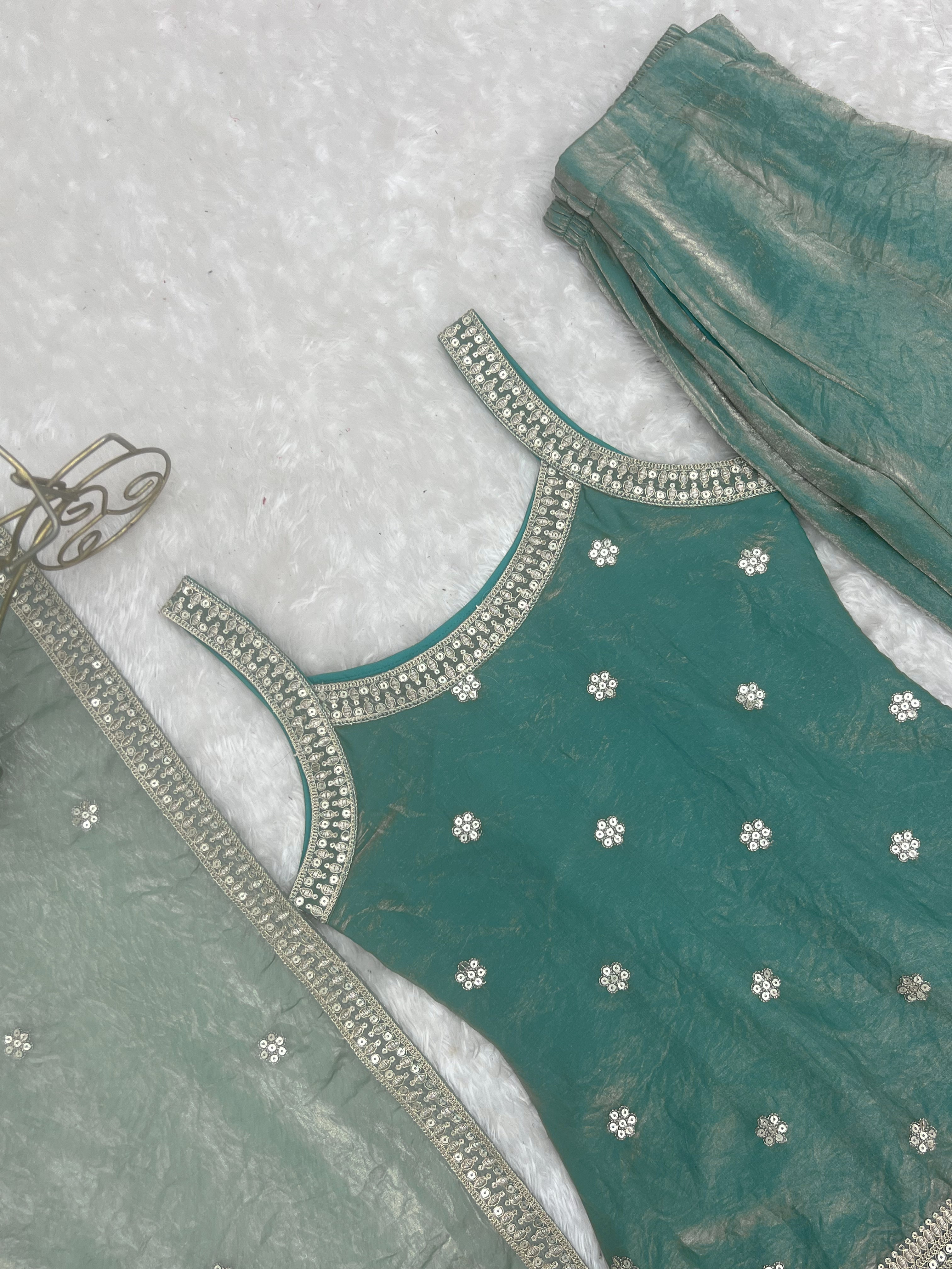 Women's Trendy Silk Kurta Set with Embroidery, Sequins, Dori & Zari Work, Bell Bottom Pants and Dupatta
