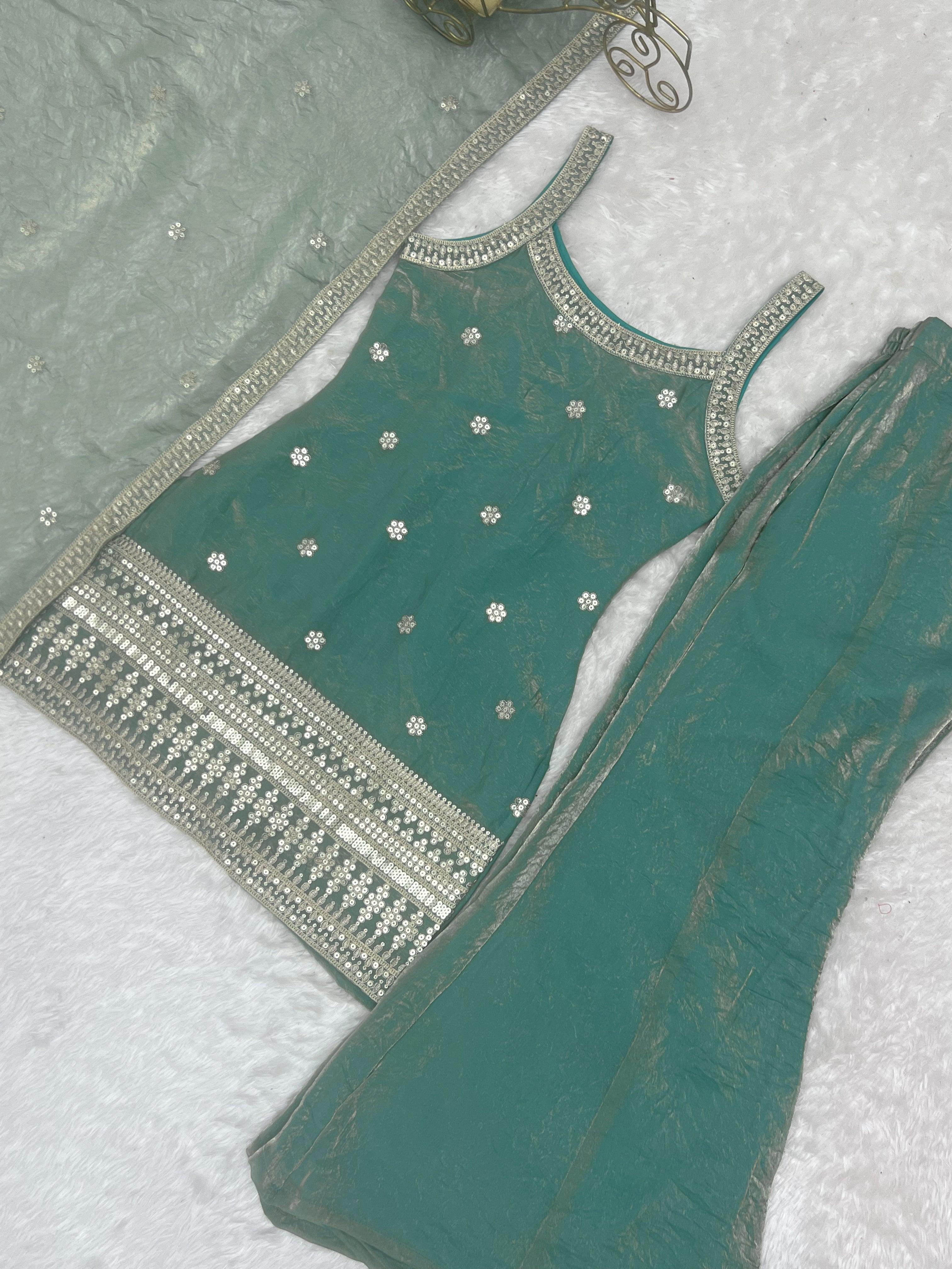 Women's Trendy Silk Kurta Set with Embroidery, Sequins, Dori & Zari Work, Bell Bottom Pants and Dupatta