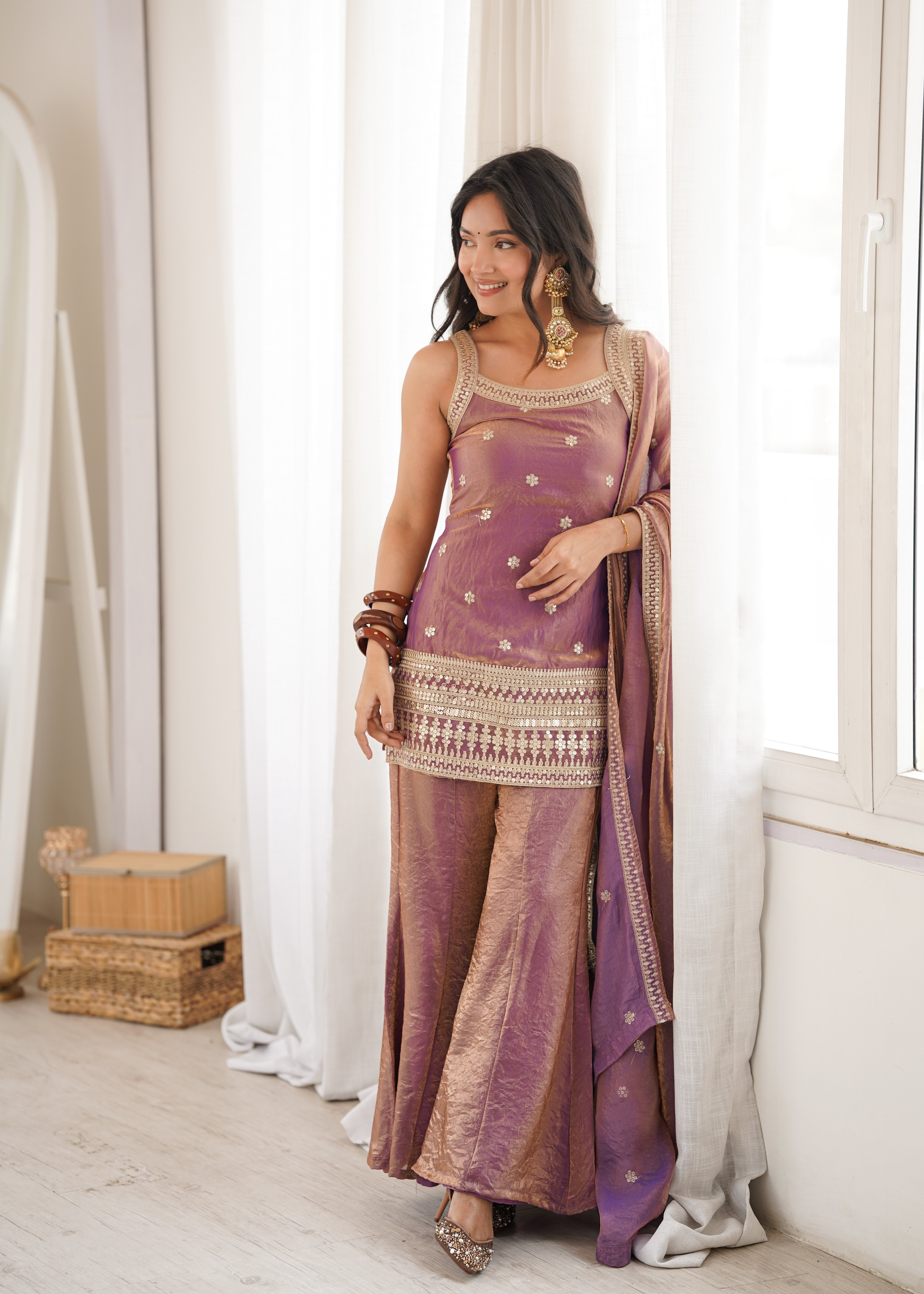 Women's Trendy Silk Kurta Set with Embroidery, Sequins, Dori & Zari Work, Bell Bottom Pants and Dupatta