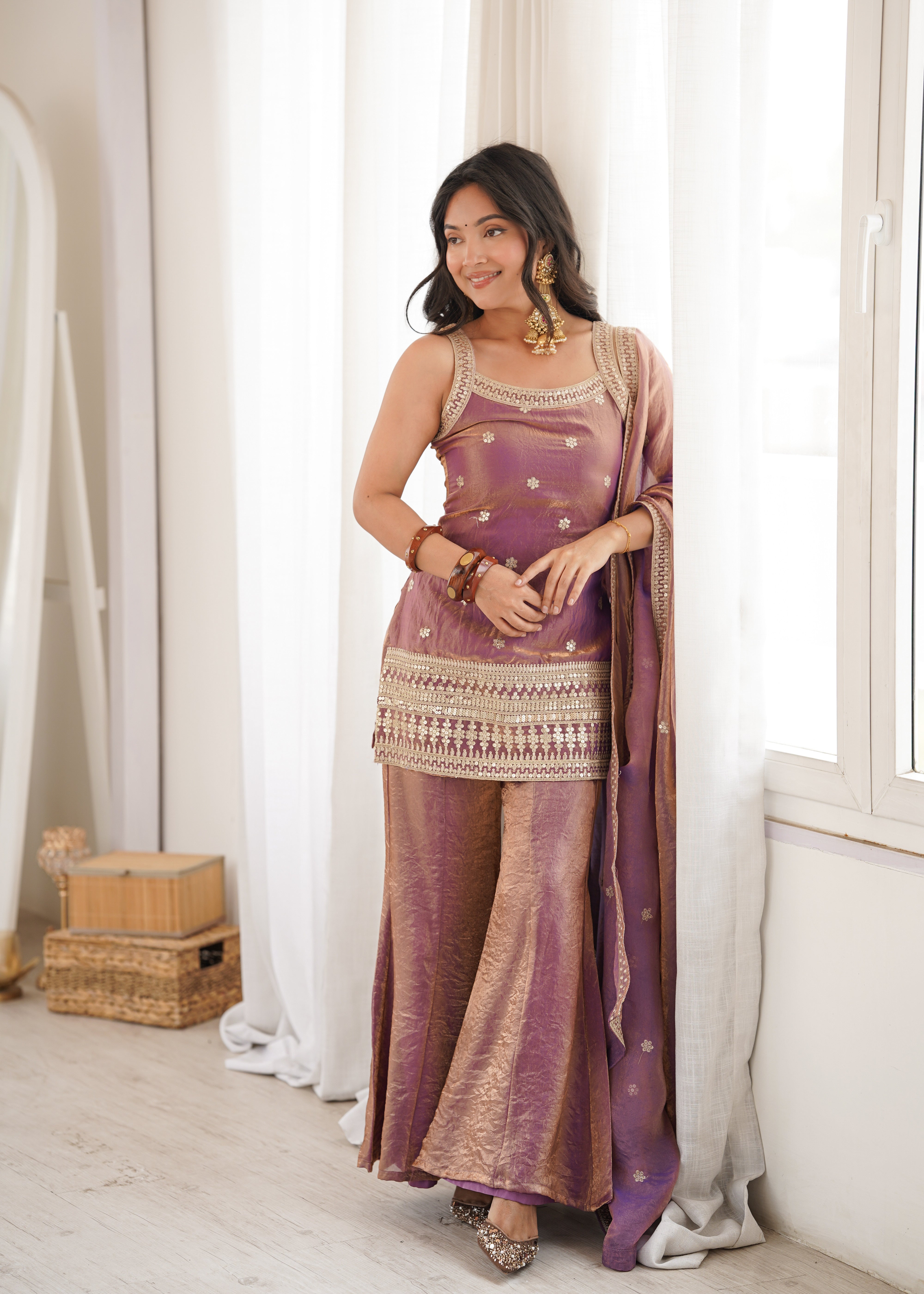 Women's Trendy Silk Kurta Set with Embroidery, Sequins, Dori & Zari Work, Bell Bottom Pants and Dupatta