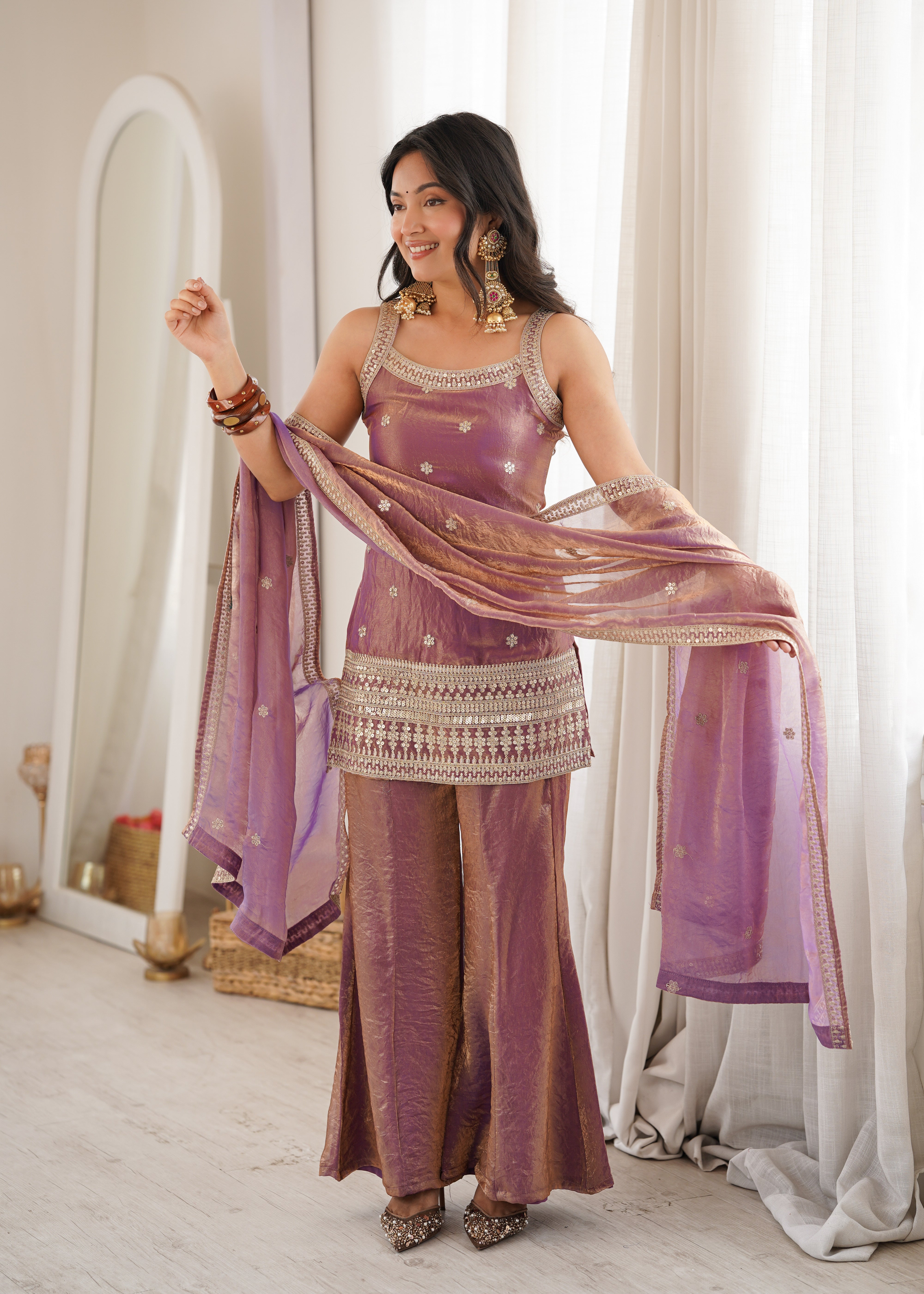 Women's Trendy Silk Kurta Set with Embroidery, Sequins, Dori & Zari Work, Bell Bottom Pants and Dupatta