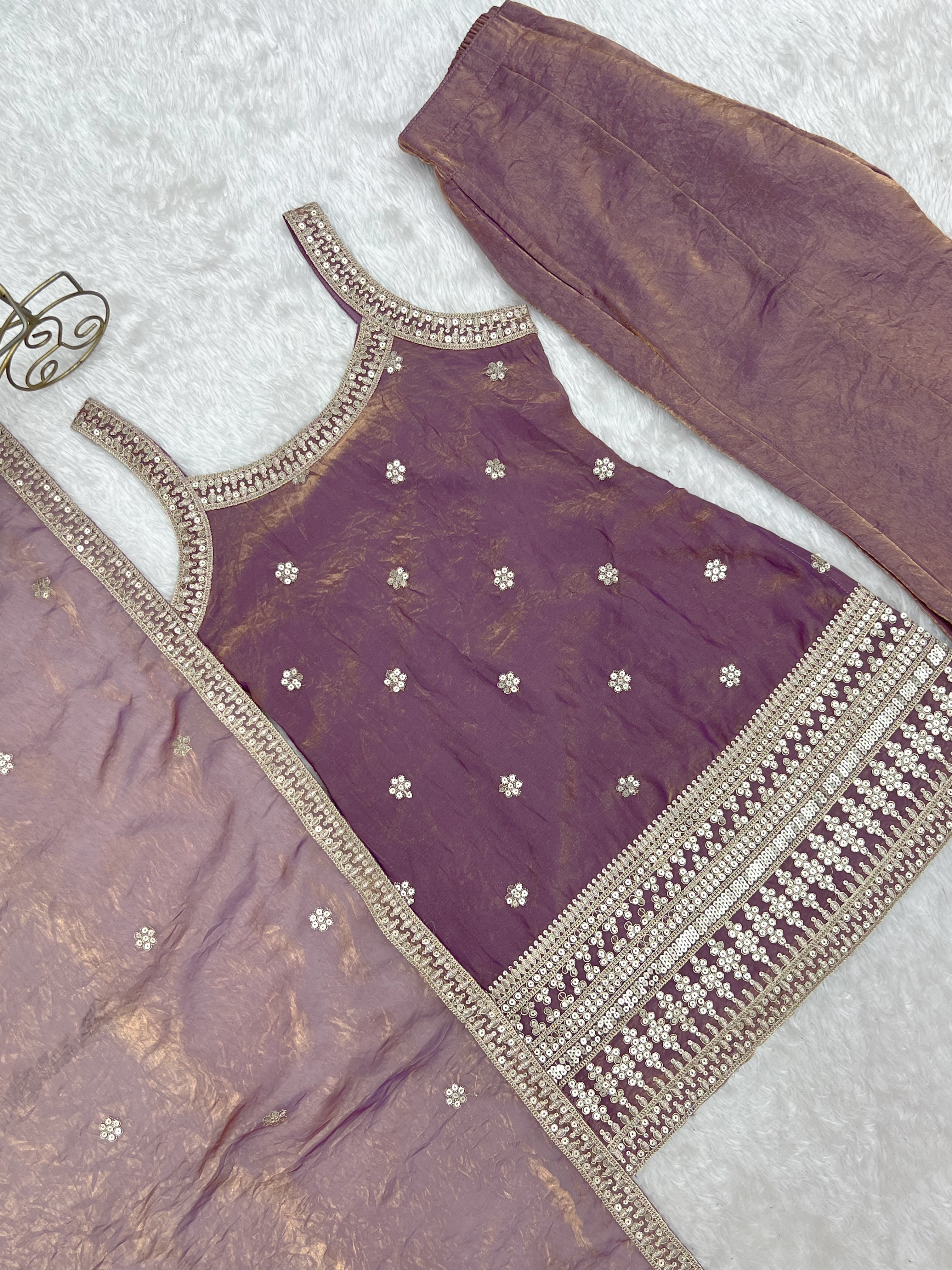 Women's Trendy Silk Kurta Set with Embroidery, Sequins, Dori & Zari Work, Bell Bottom Pants and Dupatta