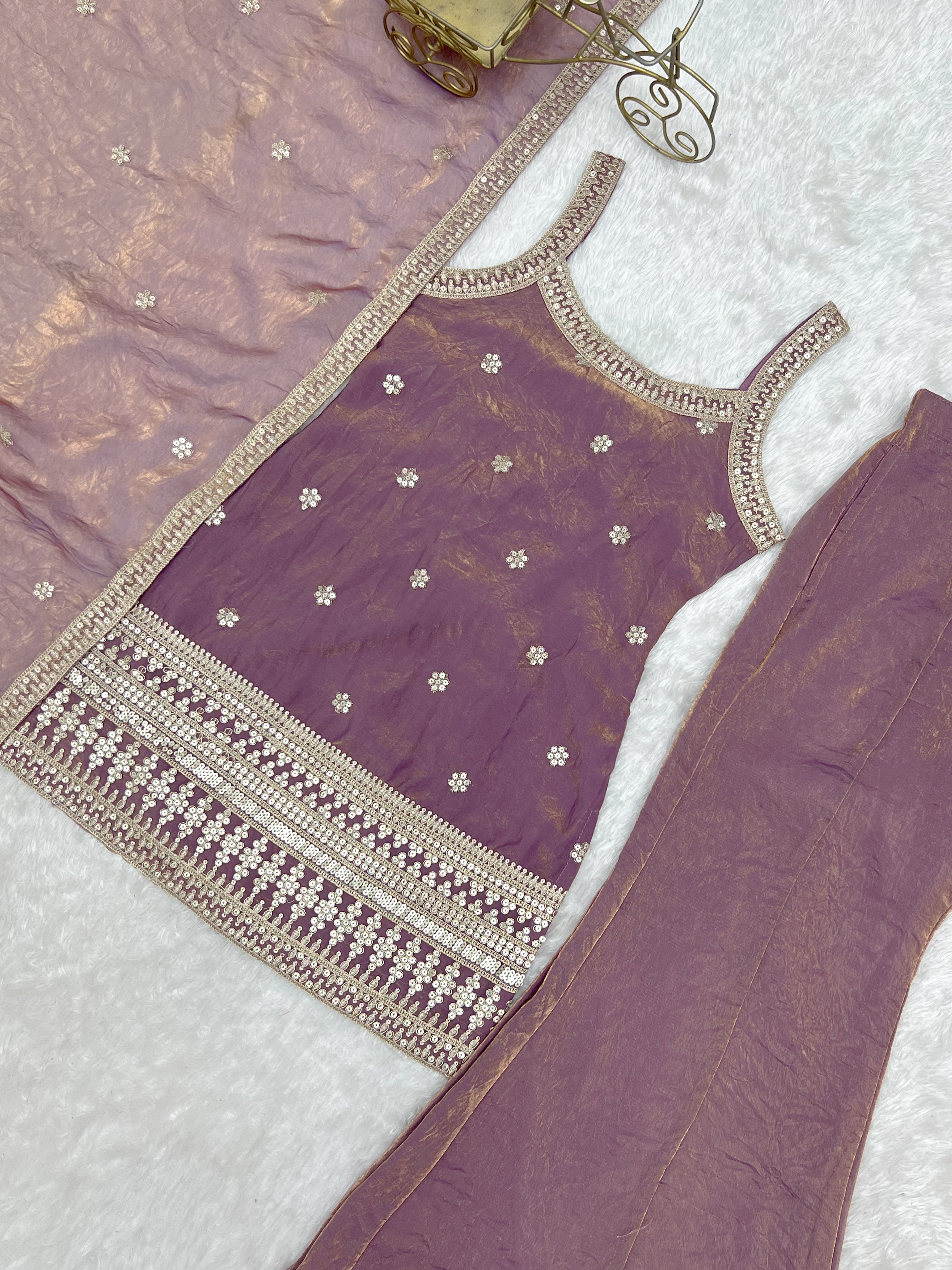 Women's Trendy Silk Kurta Set with Embroidery, Sequins, Dori & Zari Work, Bell Bottom Pants and Dupatta