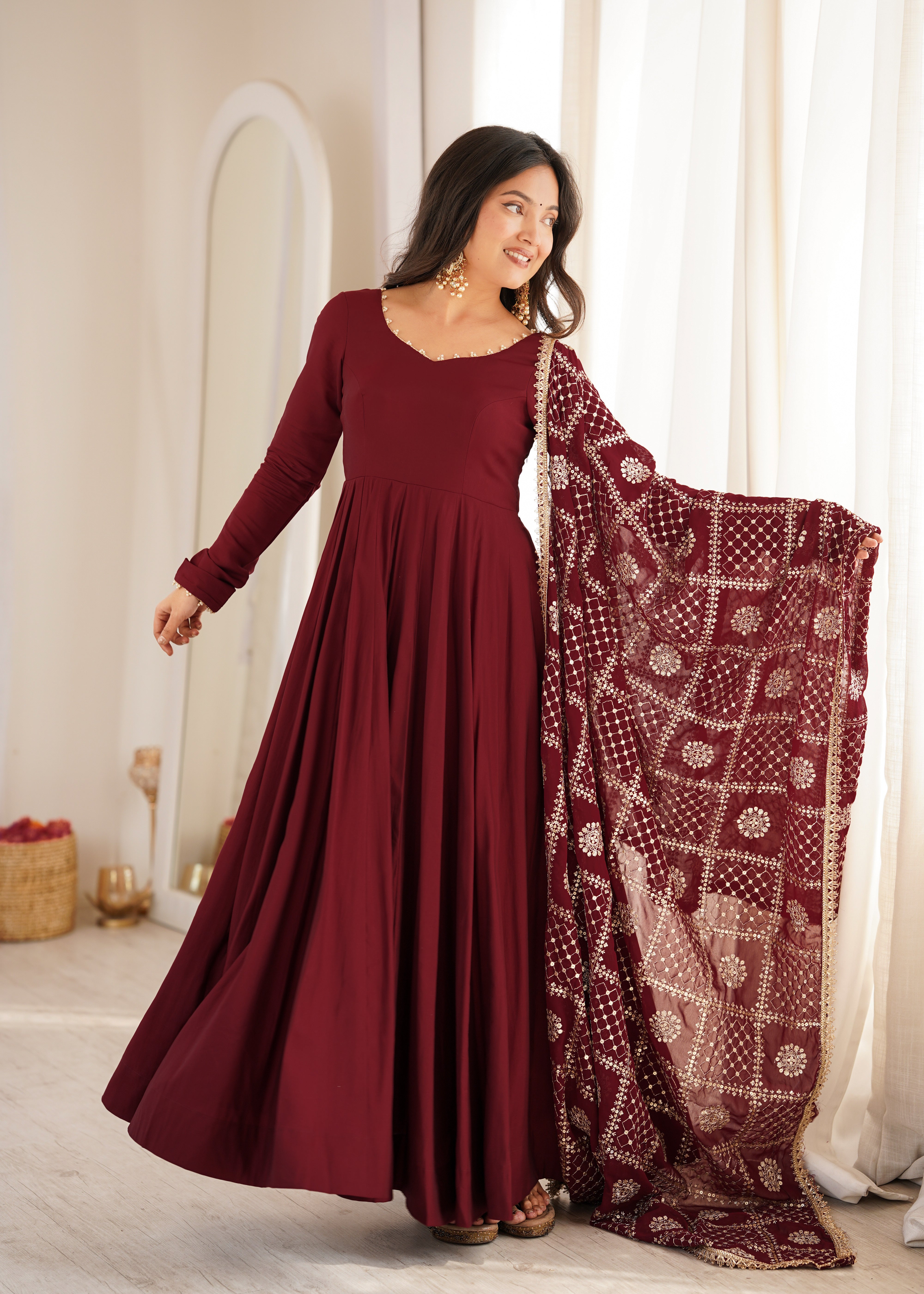 Premium Pure Romansilk Chanderi 16 Kali Flared Anarkali Gown with Embroidered Dupatta & Pant Set